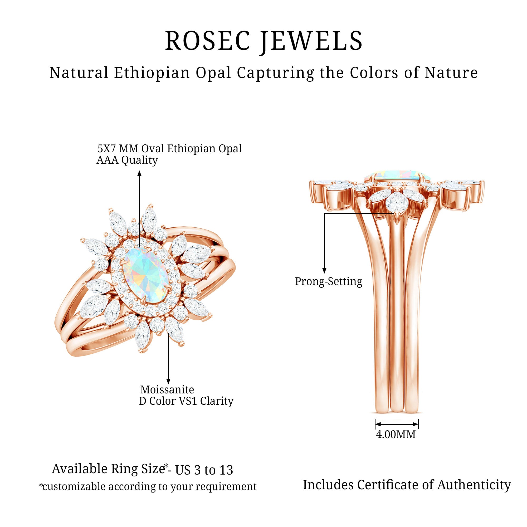 0.9 Carat Natural Certified Ethiopian Opal Engagement Ring Set of 3 AAA - Rosec Jewels