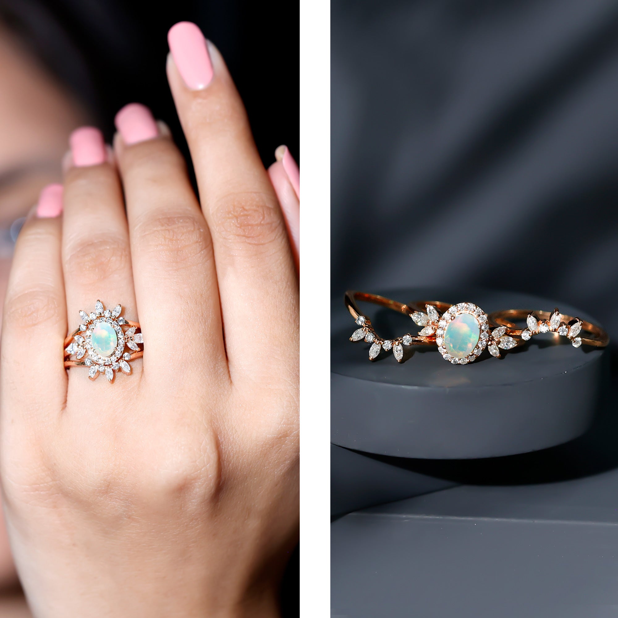 0.9 Carat Natural Certified Ethiopian Opal Engagement Ring Set of 3 AAA - Rosec Jewels
