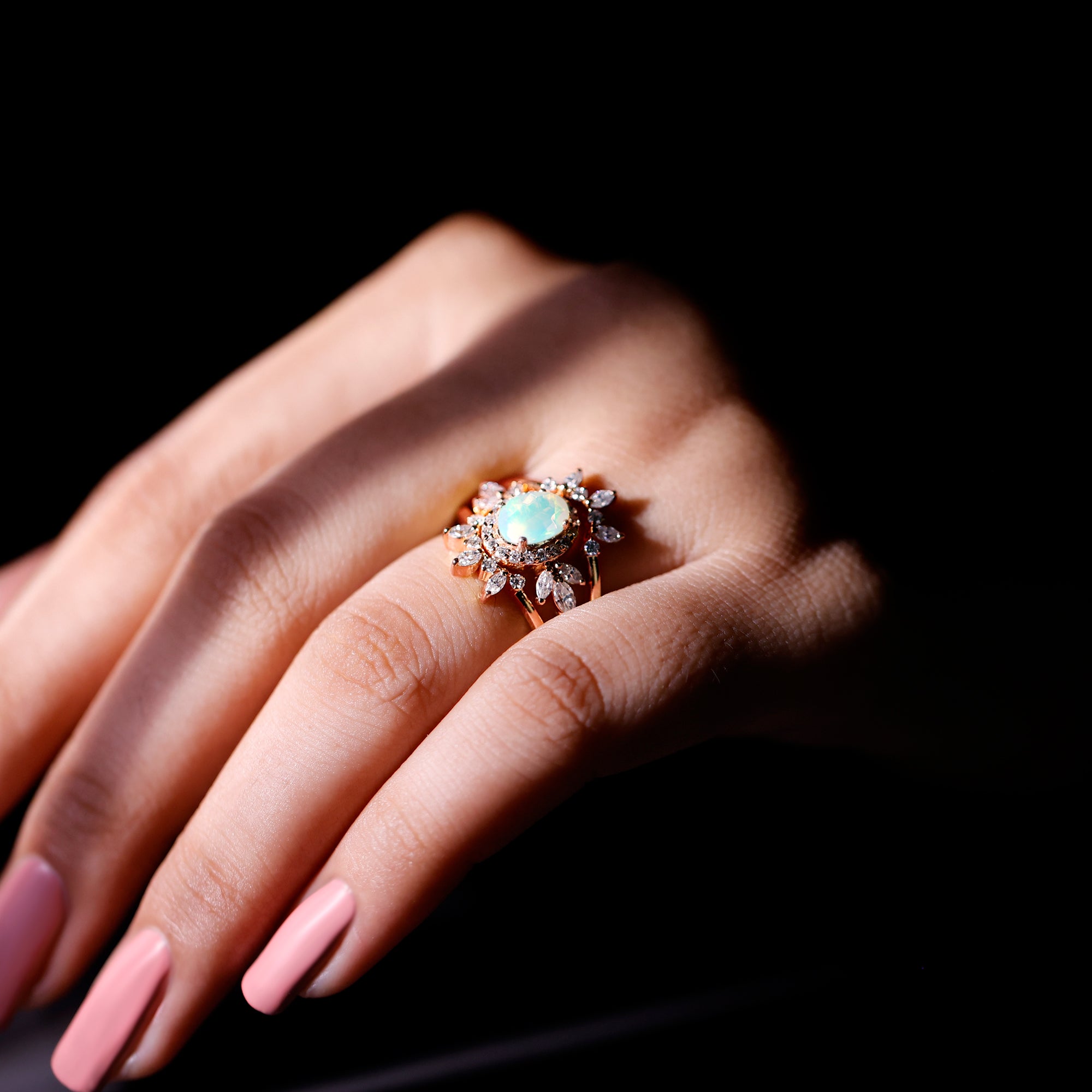 0.9 Carat Natural Certified Ethiopian Opal Engagement Ring Set of 3 AAA - Rosec Jewels