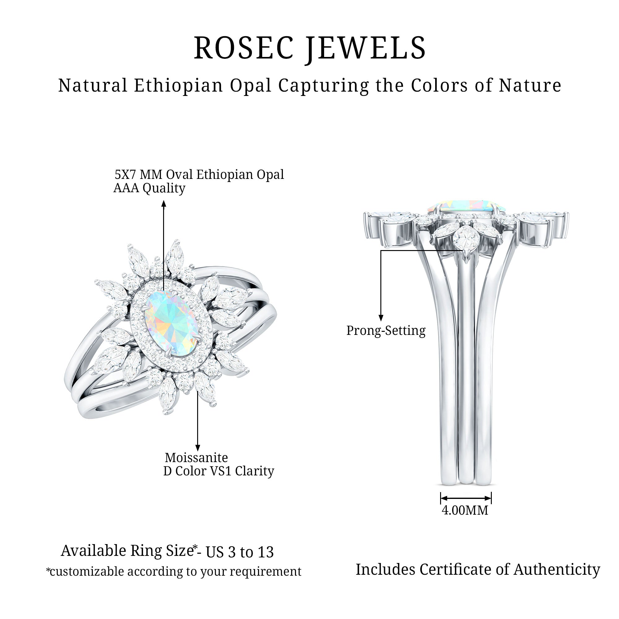 0.9 Carat Natural Certified Ethiopian Opal Engagement Ring Set of 3 AAA - Rosec Jewels