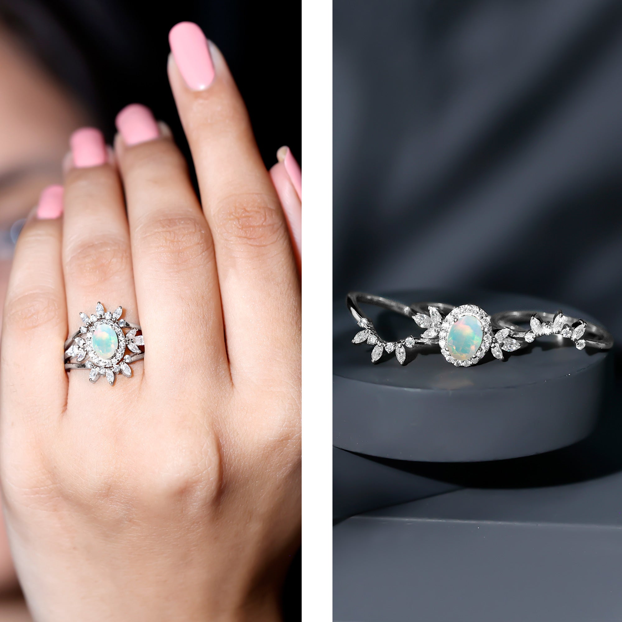 0.9 Carat Natural Certified Ethiopian Opal Engagement Ring Set of 3 AAA - Rosec Jewels