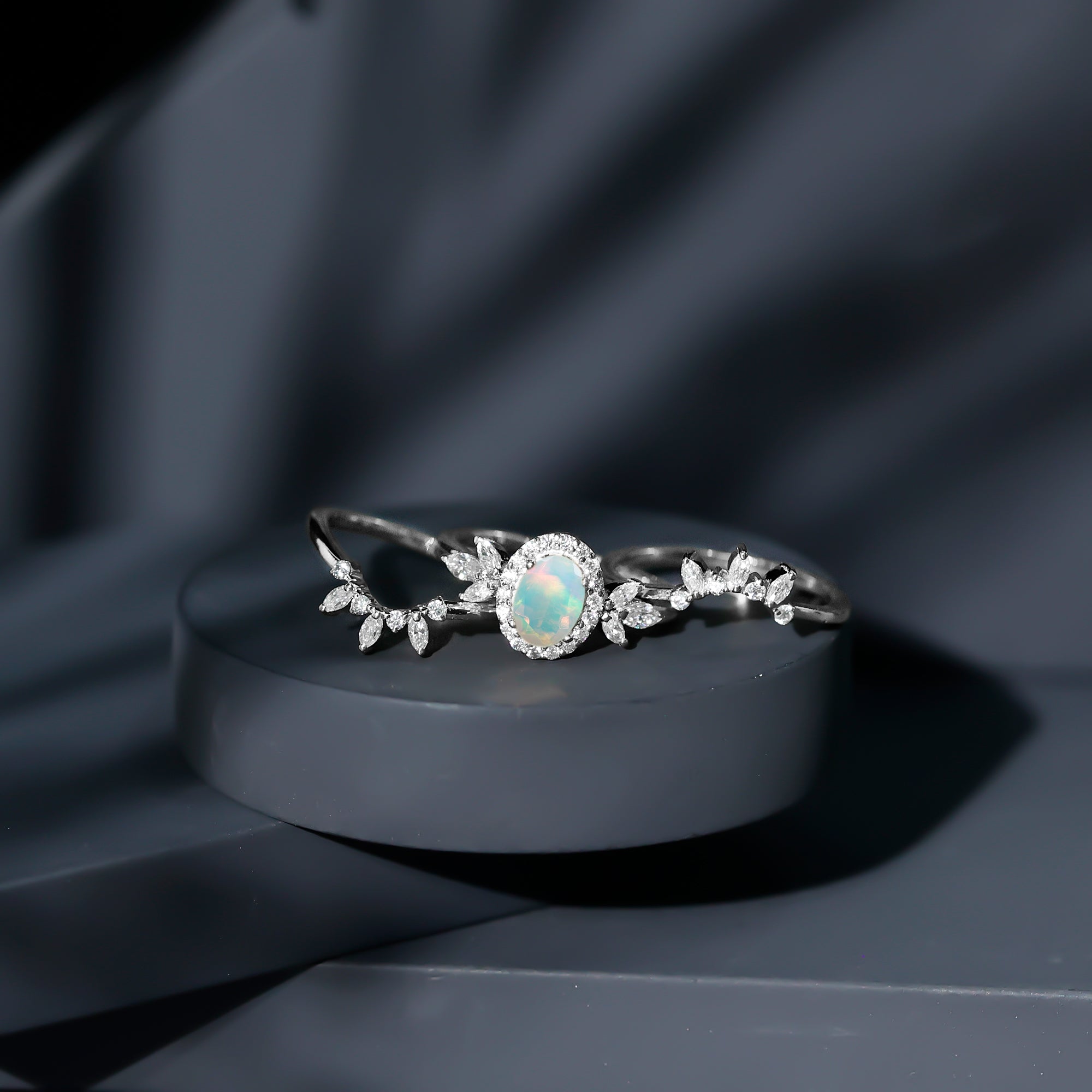 0.9 Carat Natural Certified Ethiopian Opal Engagement Ring Set of 3 AAA - Rosec Jewels
