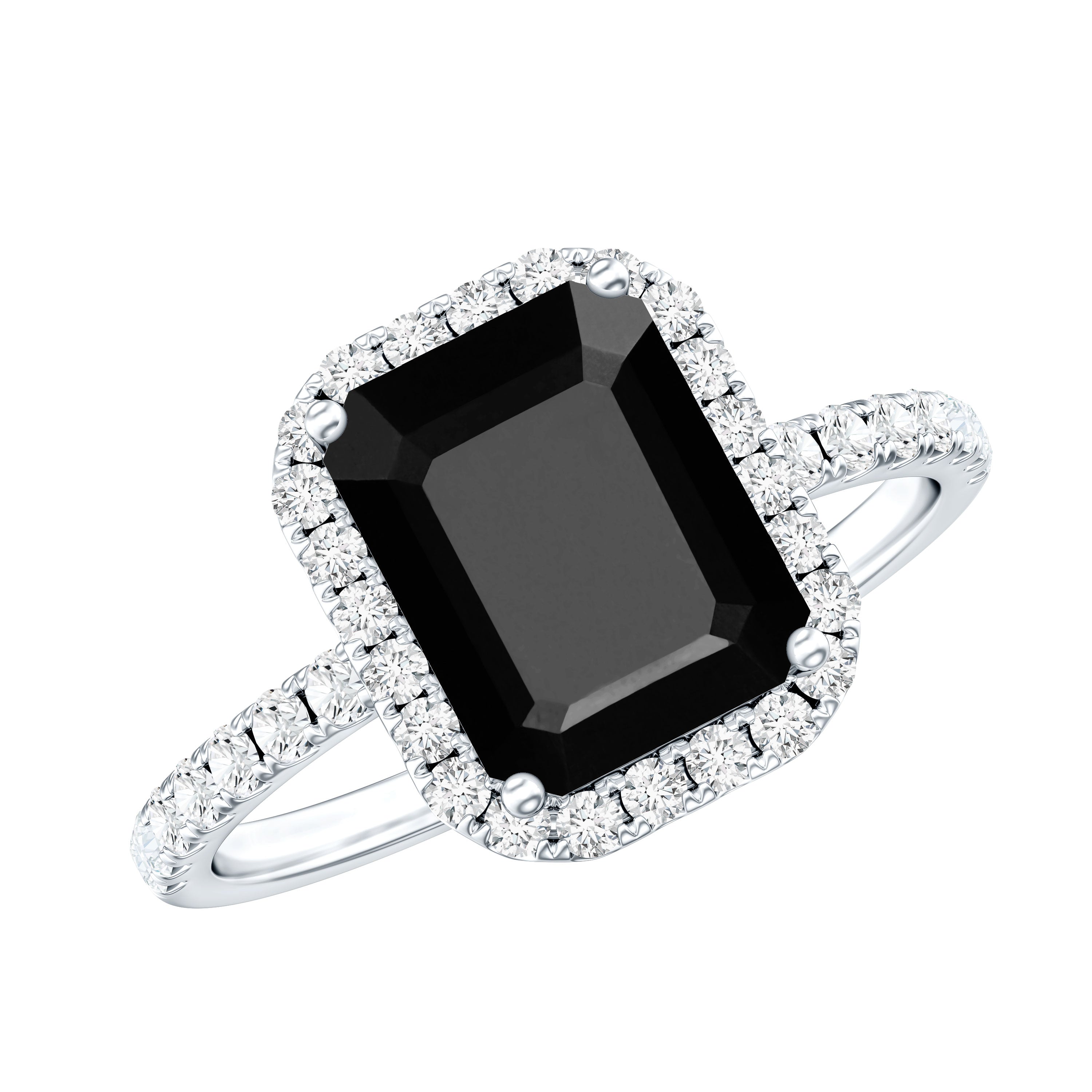 Emerald Cut 7X9MM Black Onyx and Diamond Engagement Ring AAA - Rosec Jewels