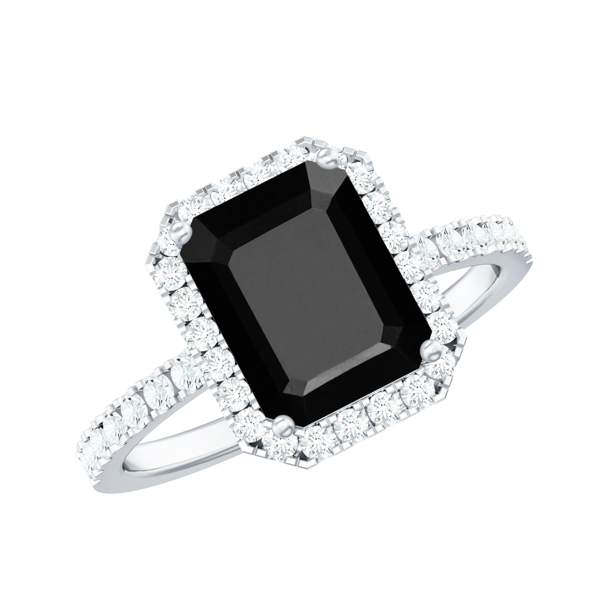 Emerald Cut 7X9MM Black Onyx and Diamond Engagement Ring