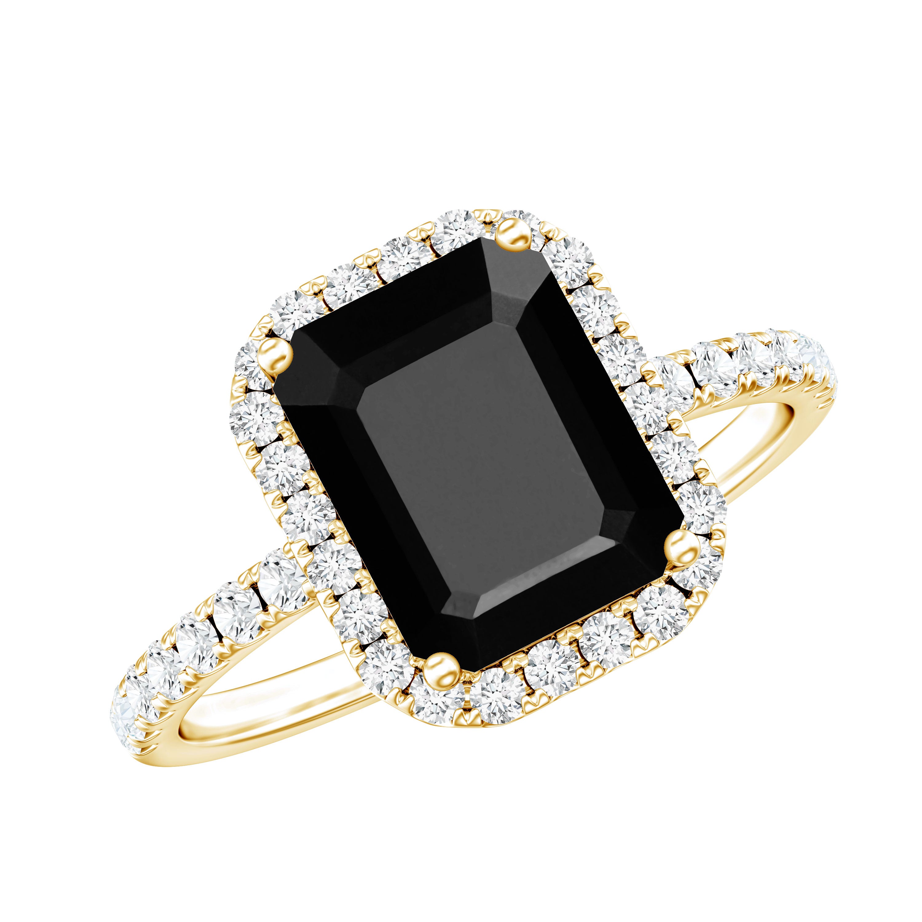 Emerald Cut 7X9MM Black Onyx and Diamond Engagement Ring AAA - Rosec Jewels