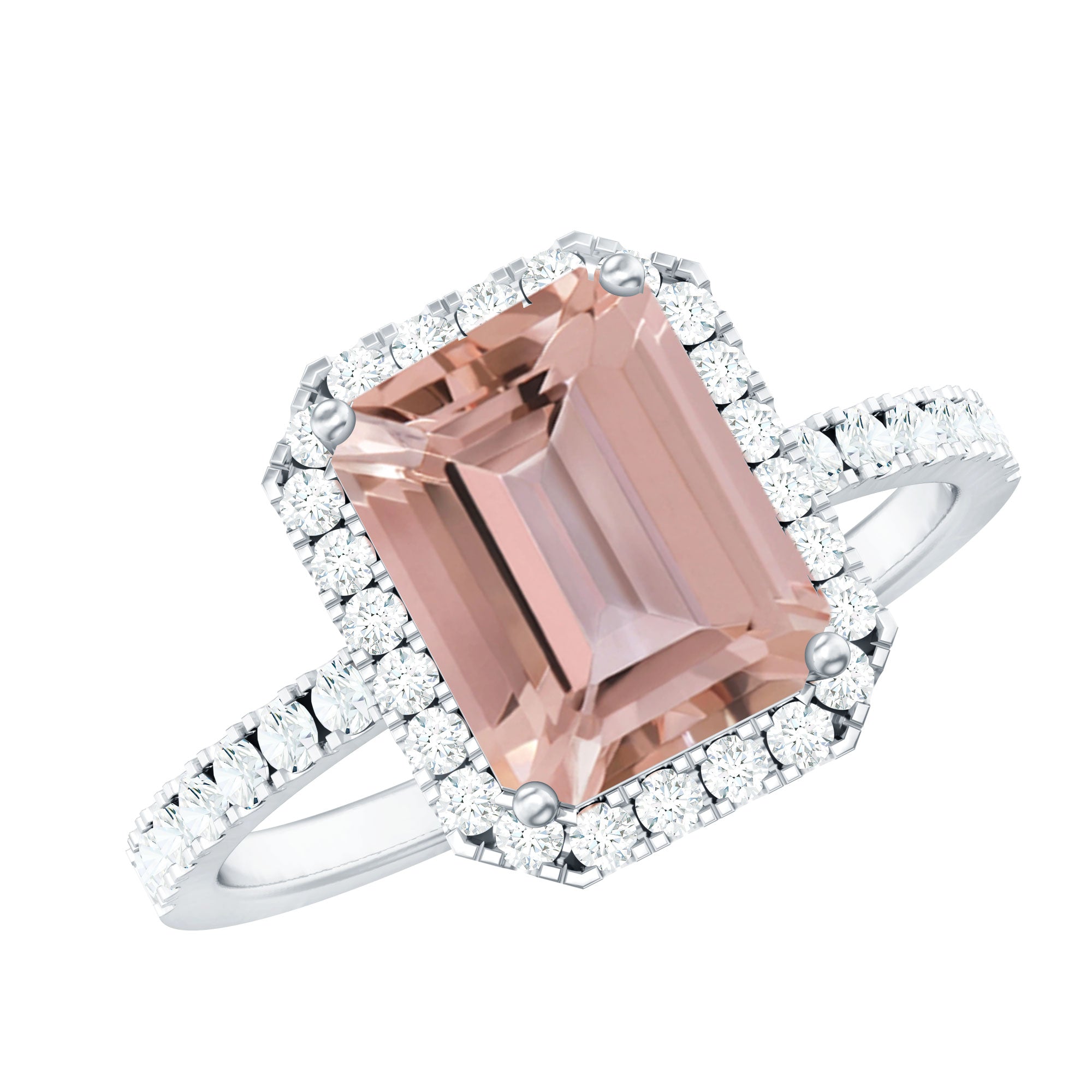 Emerald Cut Morganite Engagement Ring with Diamond Halo