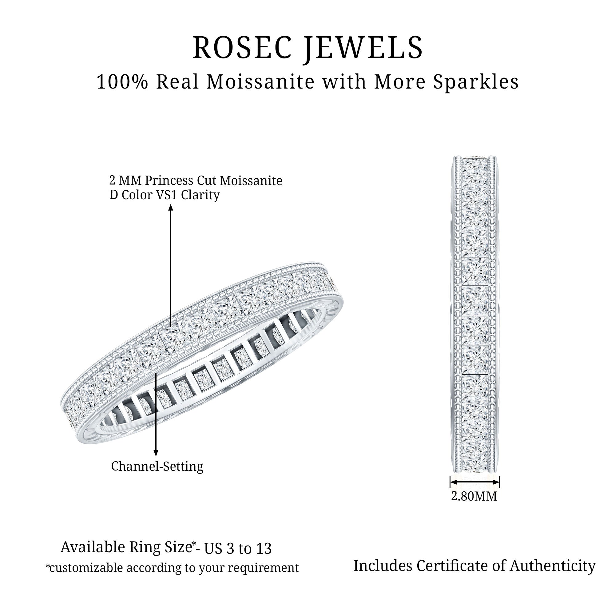 Channel Set Princess Cut Moissanite Eternity Band Ring D-VS1 - Rosec Jewels