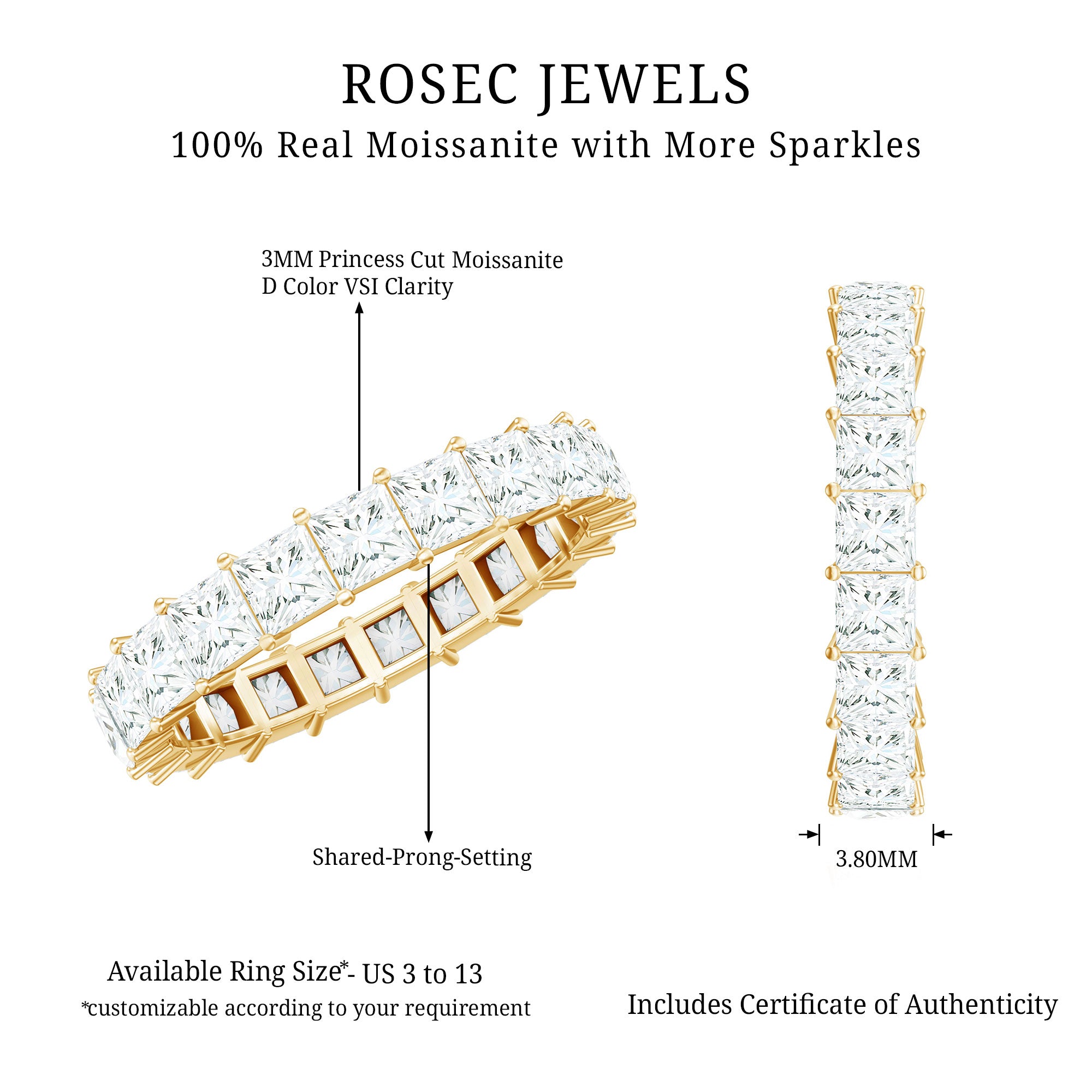 Princess Cut Moissanite Full Eternity Ring with Certificate D-VS1 - Rosec Jewels