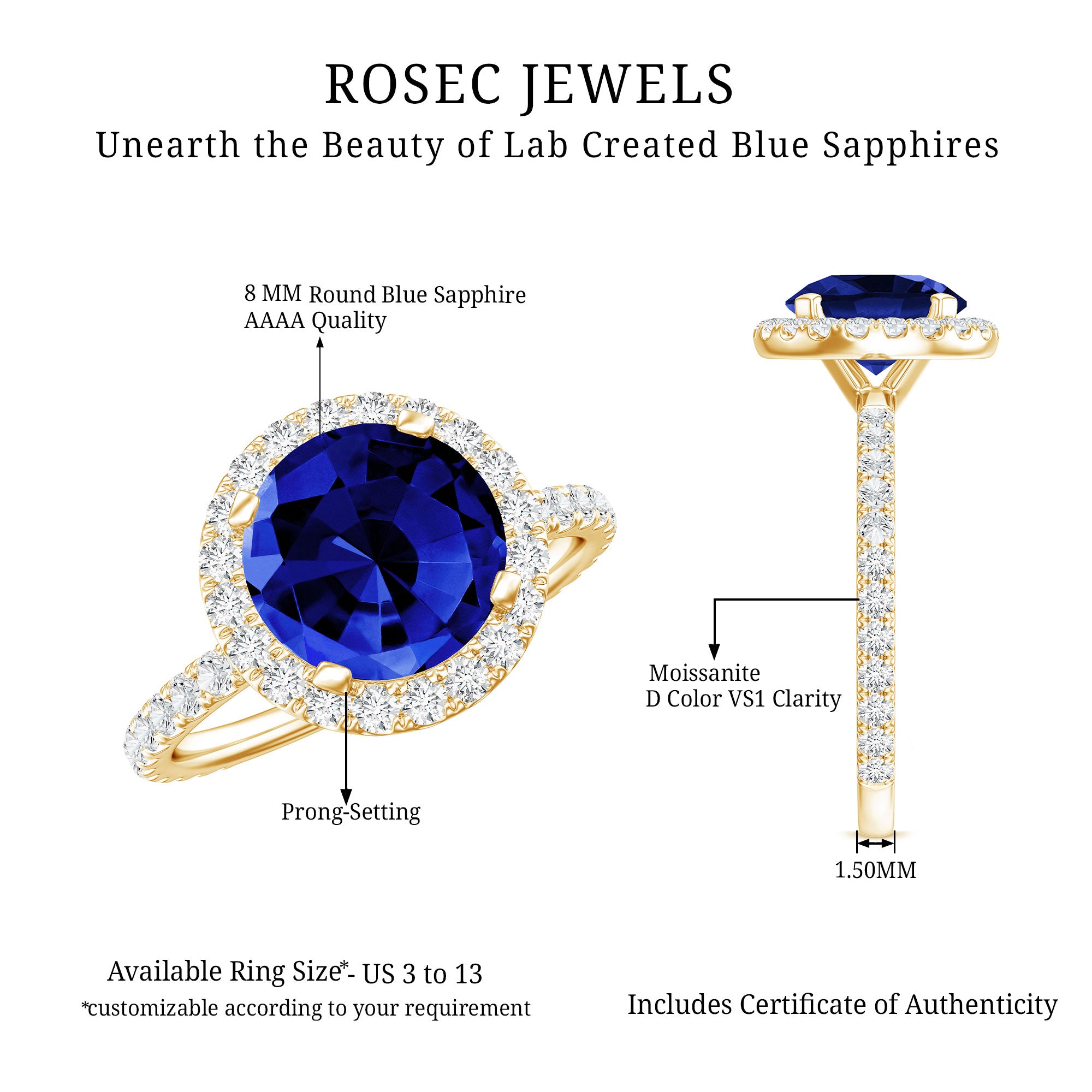 Certified 2.7 Carat Lab Grown Blue Sapphire Halo Engagement Ring with Moissanite AAAA - Rosec Jewels