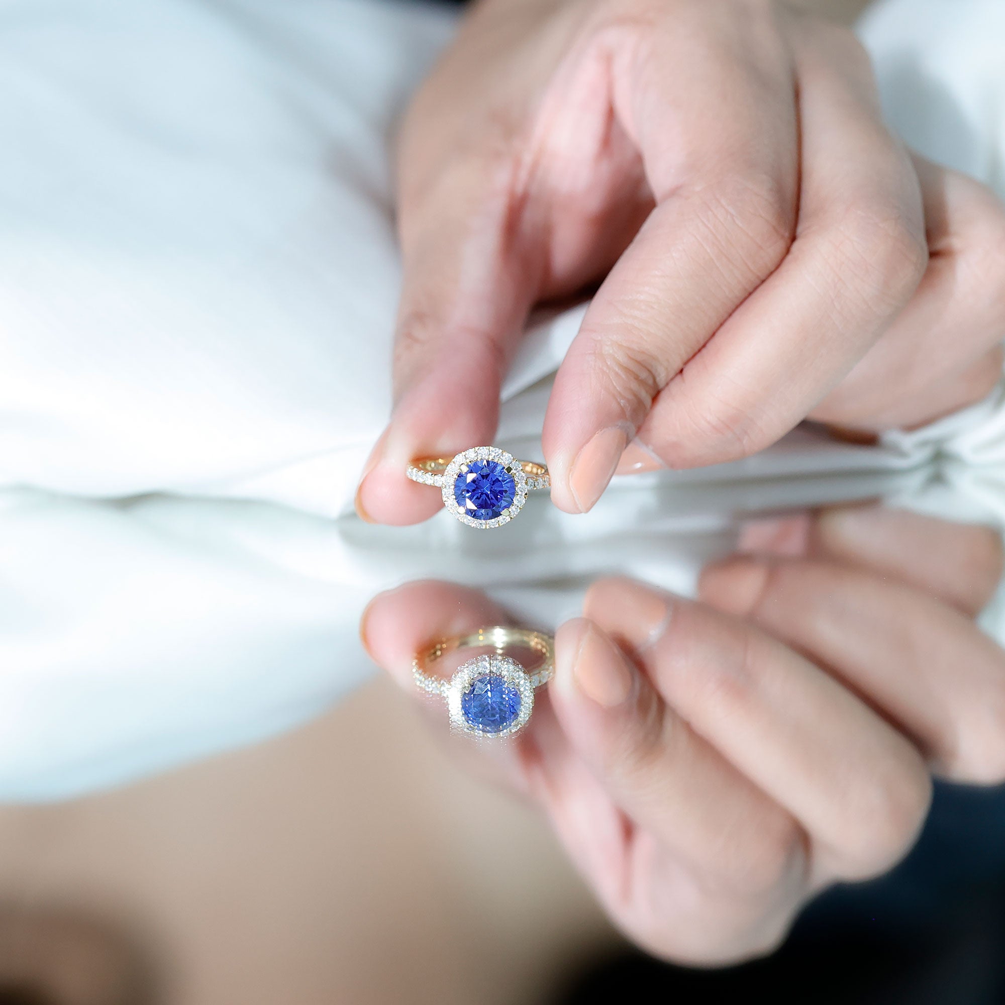 Certified 2.7 Carat Lab Grown Blue Sapphire Halo Engagement Ring with Moissanite AAAA - Rosec Jewels