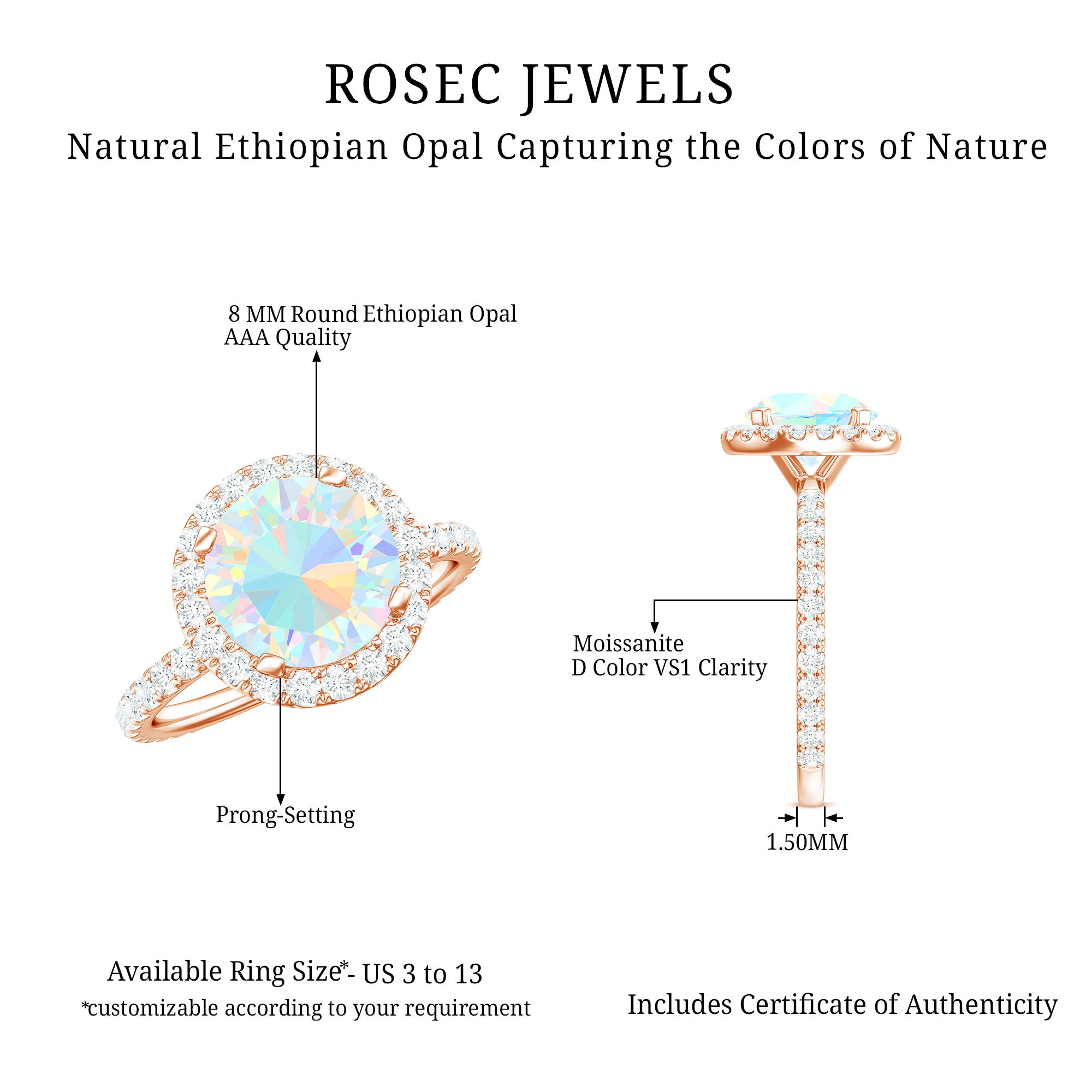 Certified Genuine 8mm Ethiopian Opal Engagement Ring with Halo AAA - Rosec Jewels