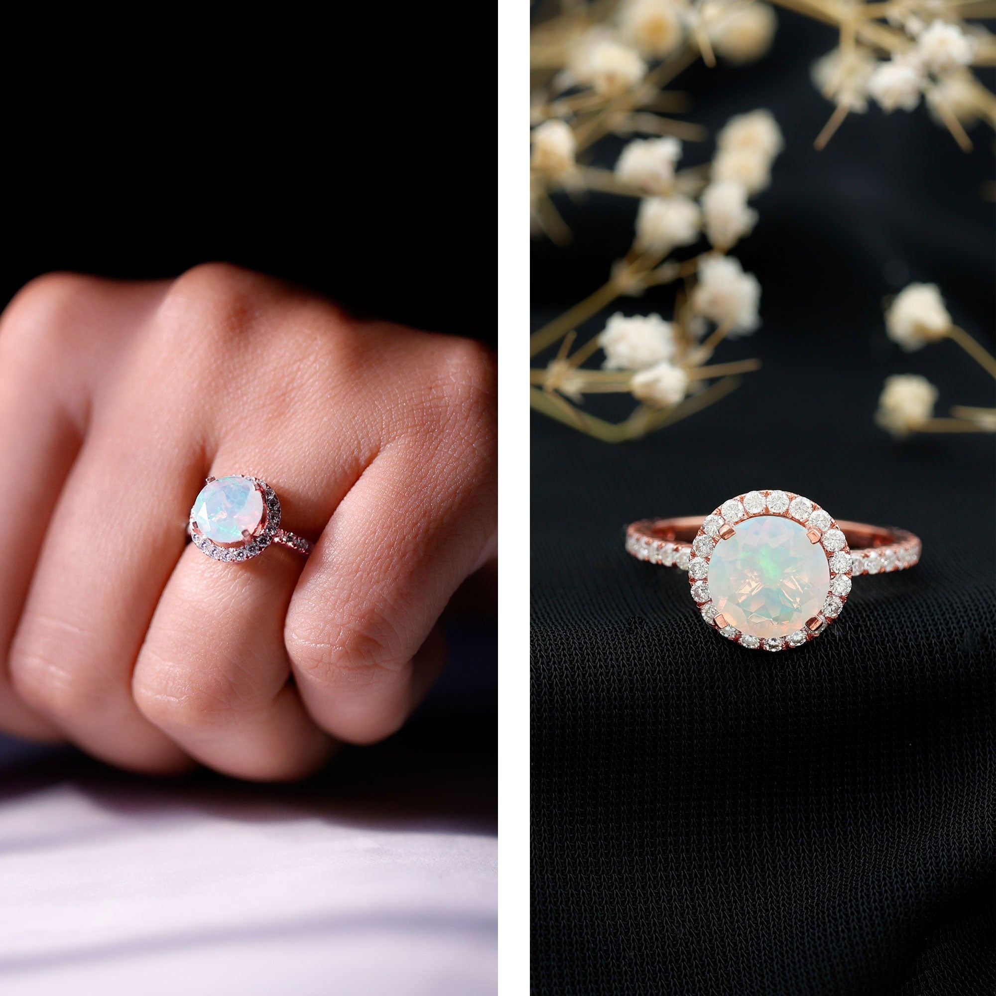 Certified Genuine 8mm Ethiopian Opal Engagement Ring with Halo AAA - Rosec Jewels