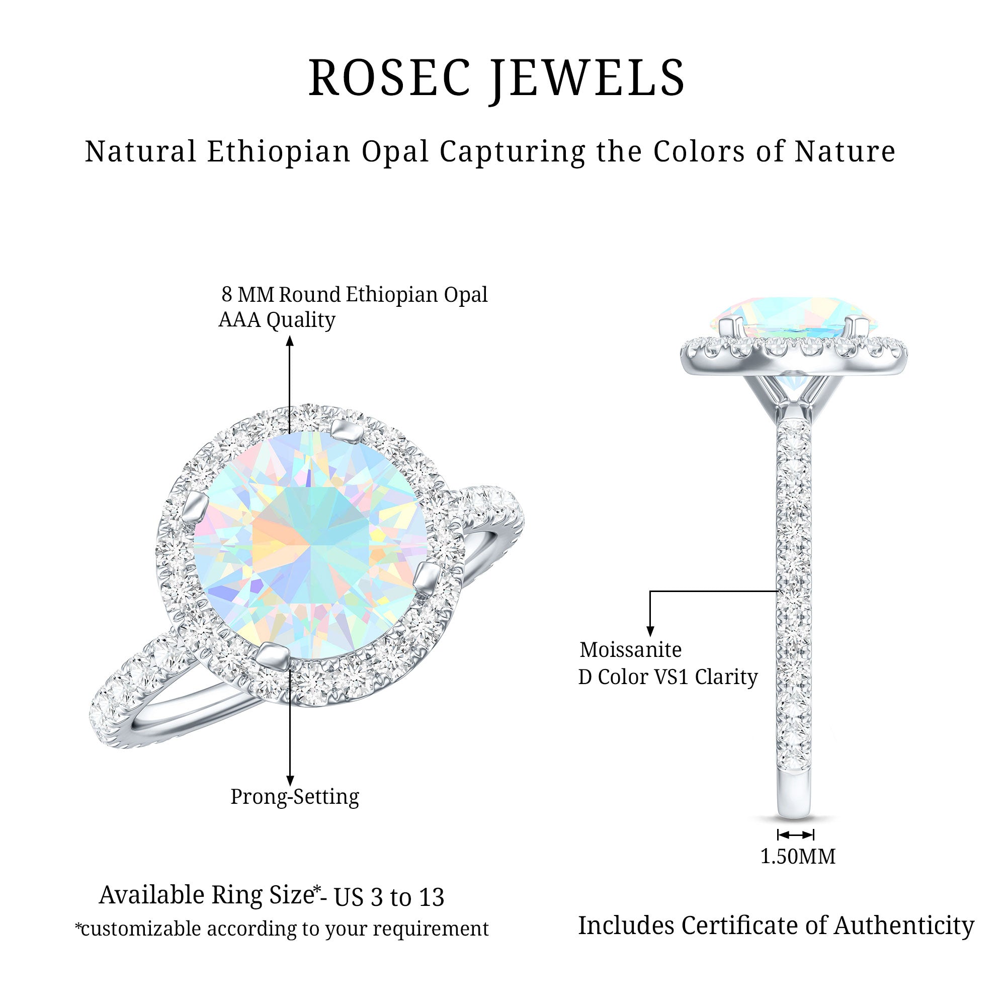 Certified Genuine 8mm Ethiopian Opal Engagement Ring with Halo AAA - Rosec Jewels