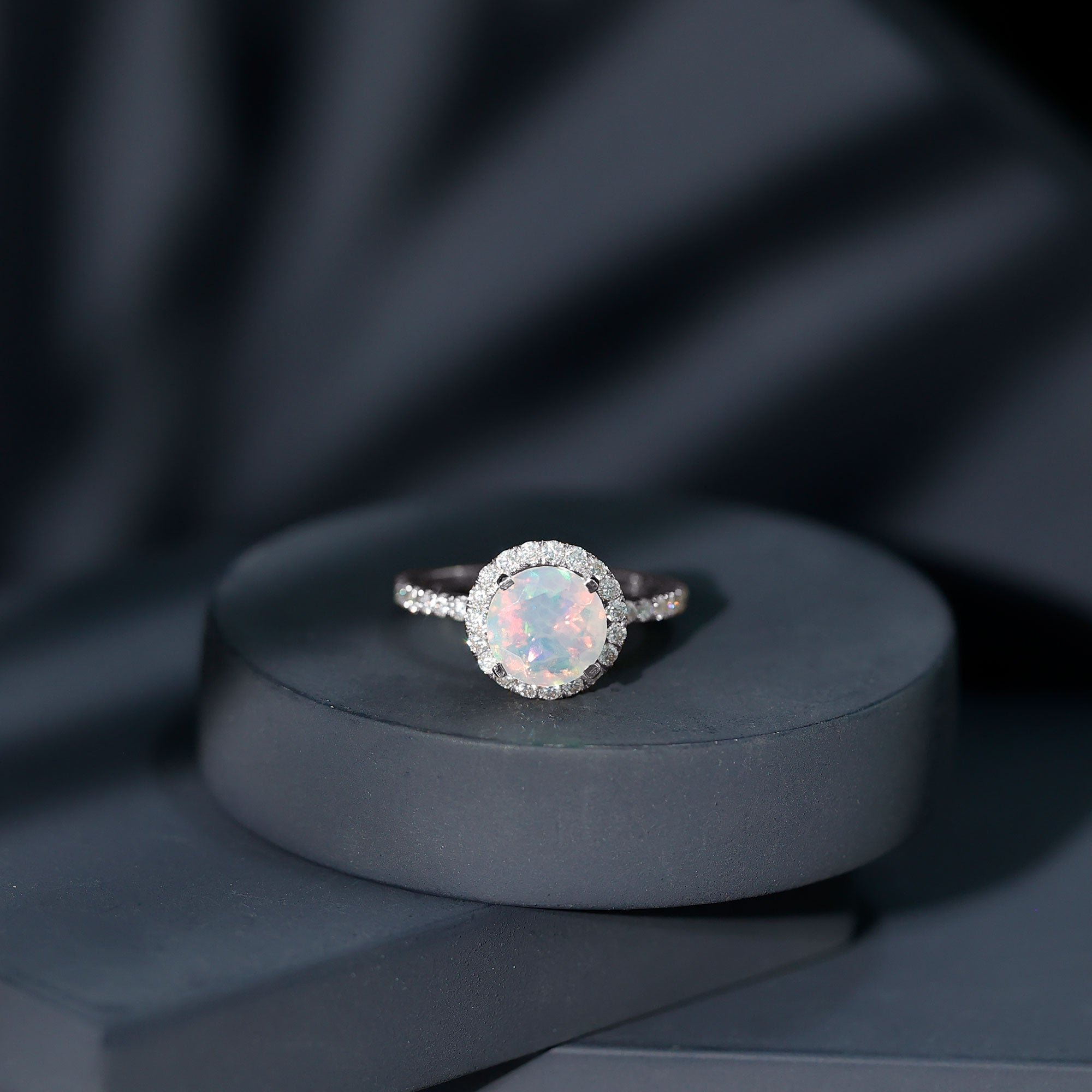 Certified Genuine 8mm Ethiopian Opal Engagement Ring with Halo AAA - Rosec Jewels