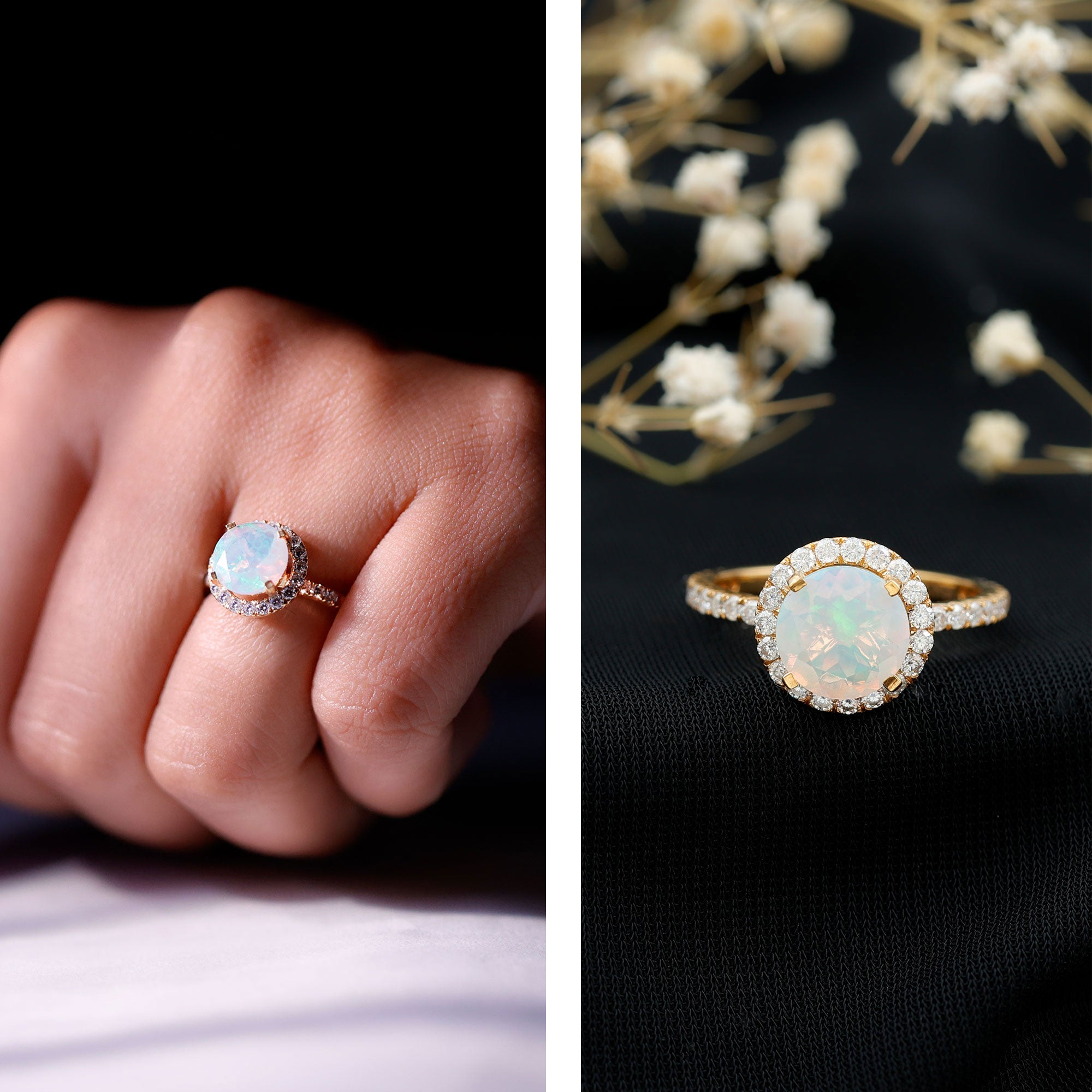 Certified Genuine 8mm Ethiopian Opal Engagement Ring with Halo AAA - Rosec Jewels