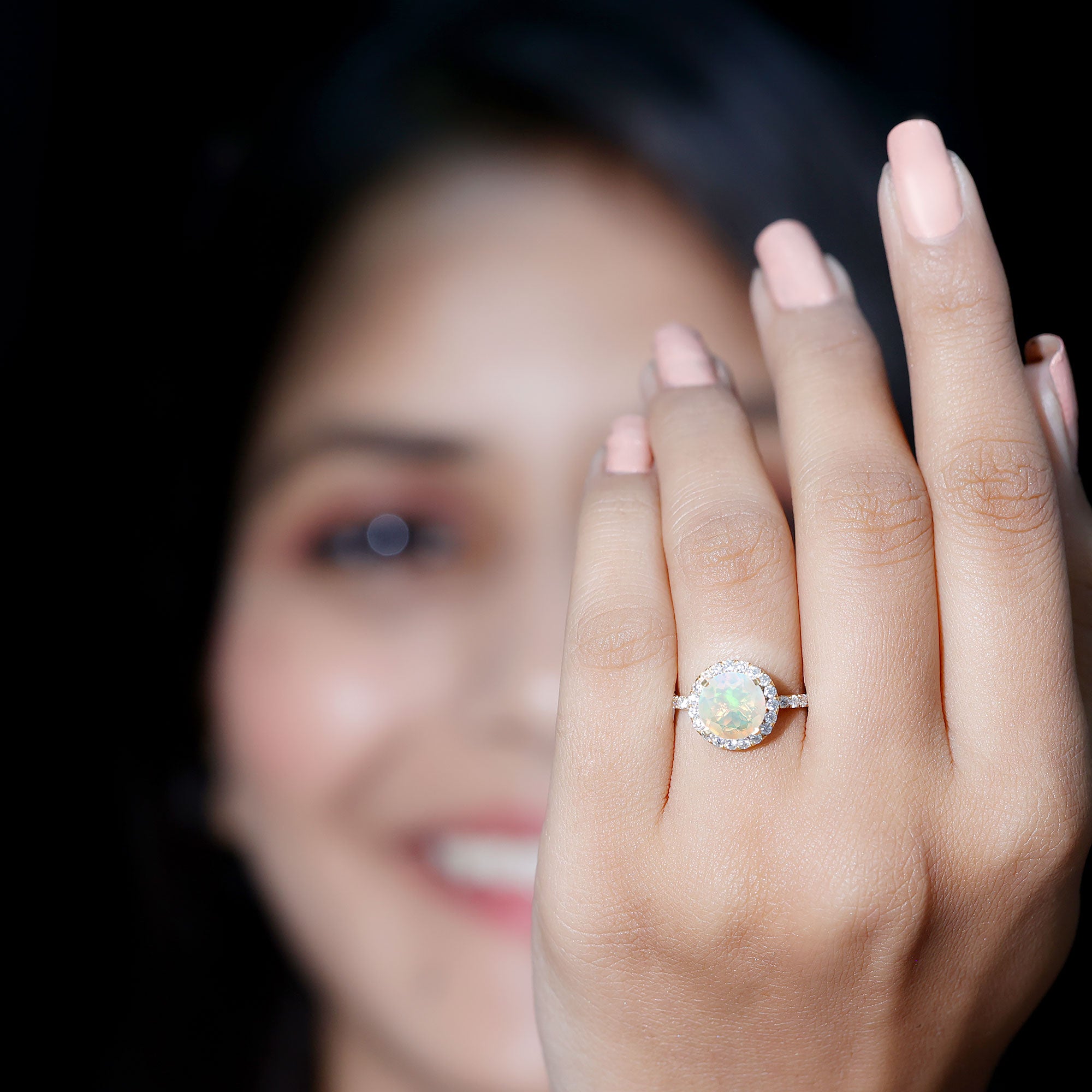 Certified Genuine 8mm Ethiopian Opal Engagement Ring with Halo AAA - Rosec Jewels