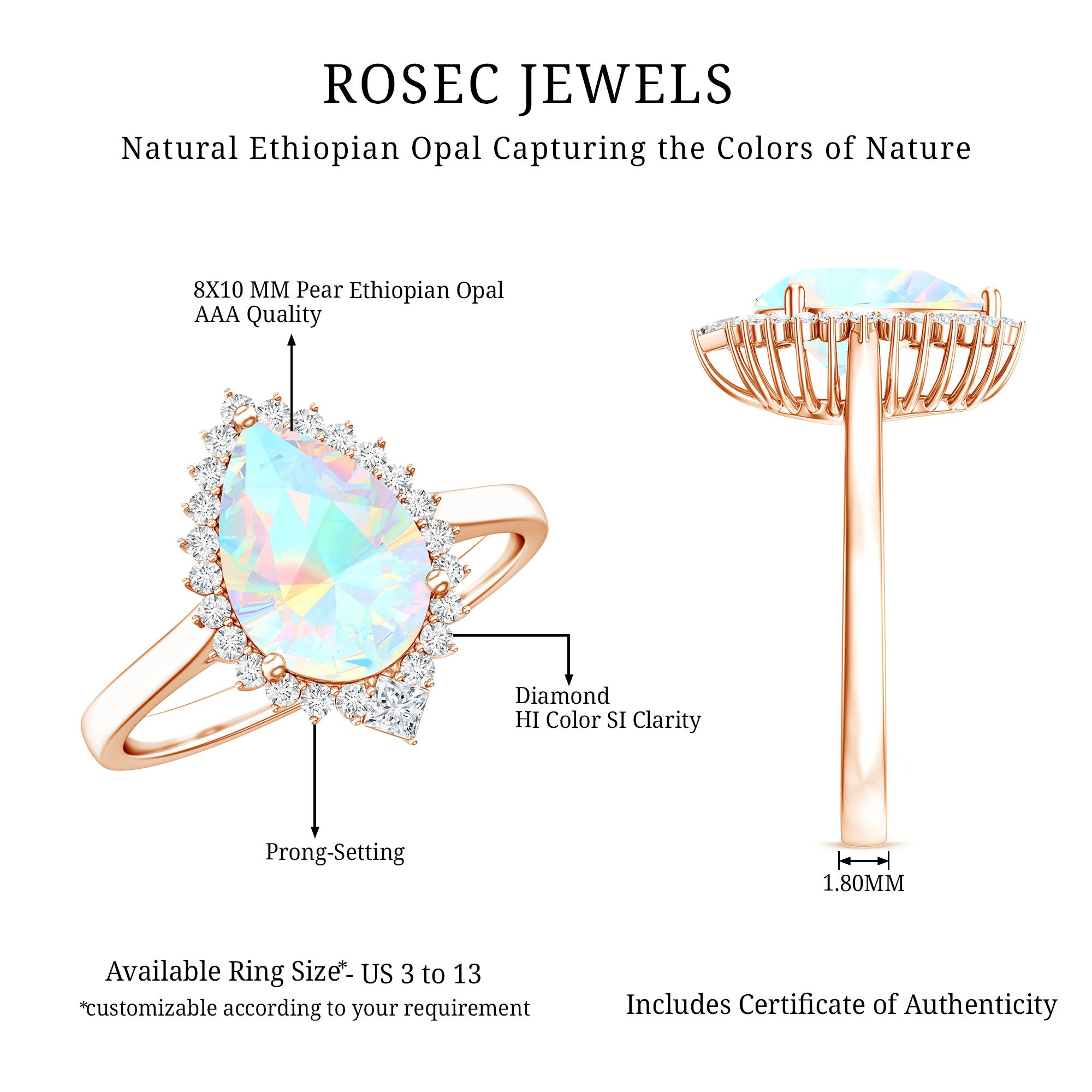 Certified Real 2 Carat Ethiopian Rainbow Opal Teardrop Engagement Ring with Diamond Halo AAA - Rosec Jewels