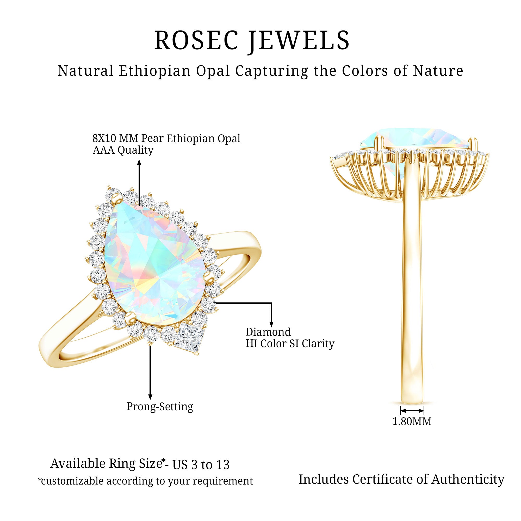 Certified Real 2 Carat Ethiopian Rainbow Opal Teardrop Engagement Ring with Diamond Halo AAA - Rosec Jewels