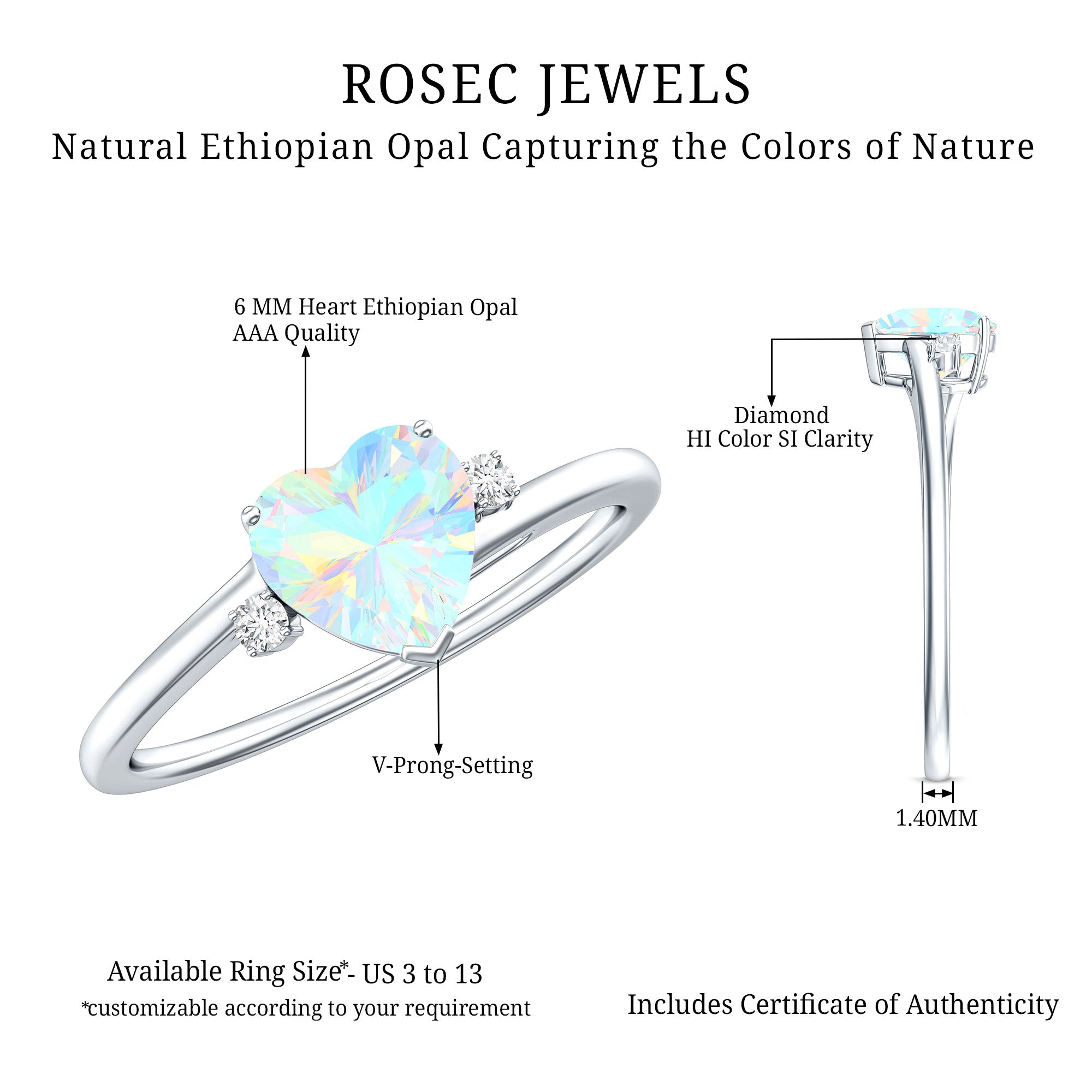 Genuine 6mm Ethiopian Opal Diamond Heart Shaped Promise Ring with Bypass Shank AAA - Rosec Jewels