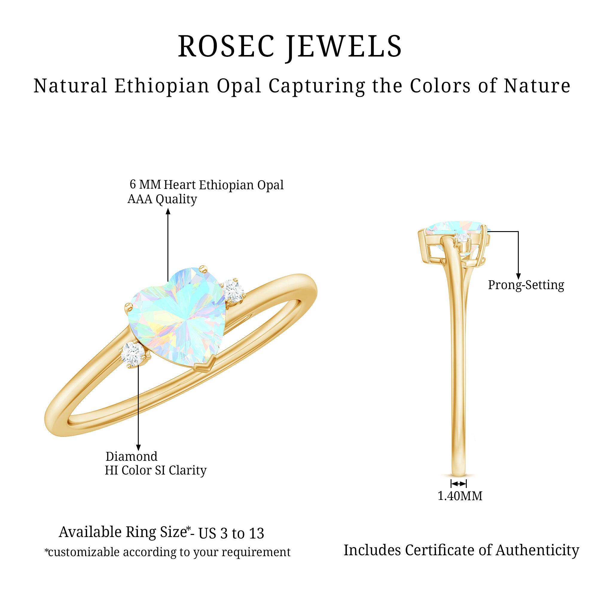 Genuine 6mm Ethiopian Opal Diamond Heart Shaped Promise Ring with Bypass Shank AAA - Rosec Jewels