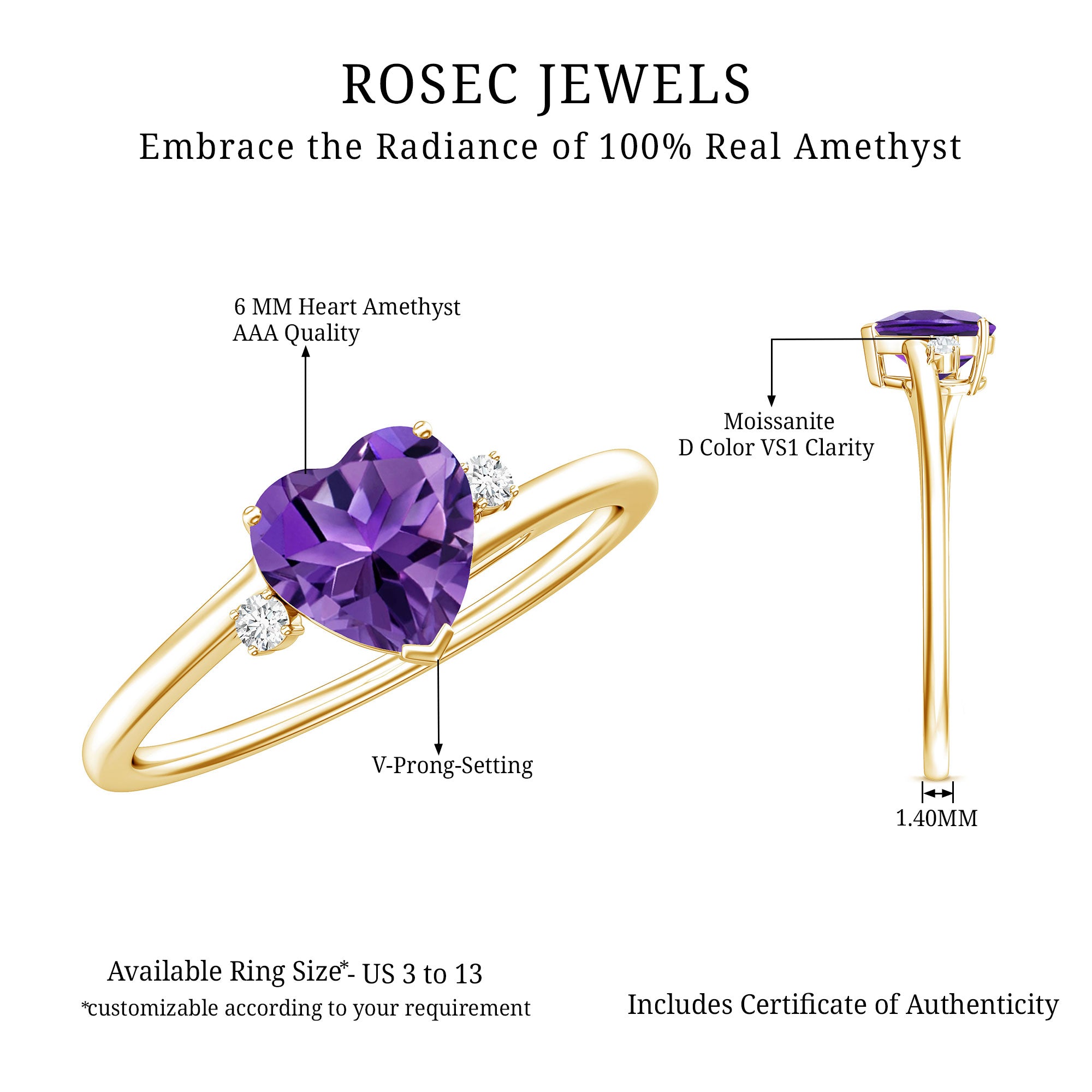 Natural 0.9 Carat Amethyst Heart Engagement Ring with Moissanite AAA - Rosec Jewels