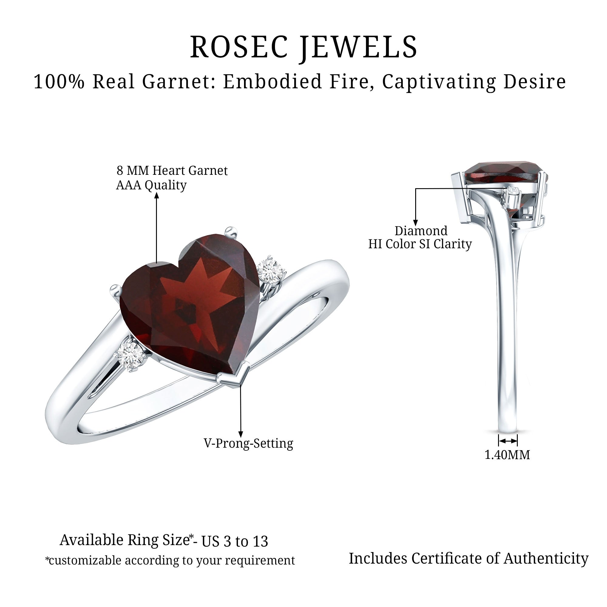 Genuine 8mm Garnet Heart Shaped Engagement Ring with Diamond AAA - Rosec Jewels