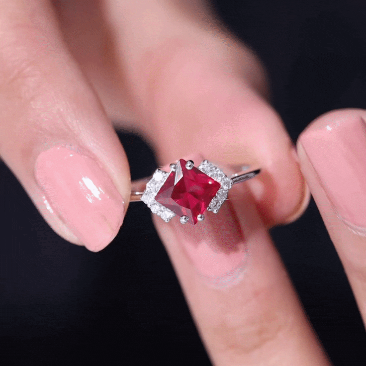 1.5 Carat Princess Cut Lab Grown Ruby Engagement Ring with Diamond AAAA - Rosec Jewels