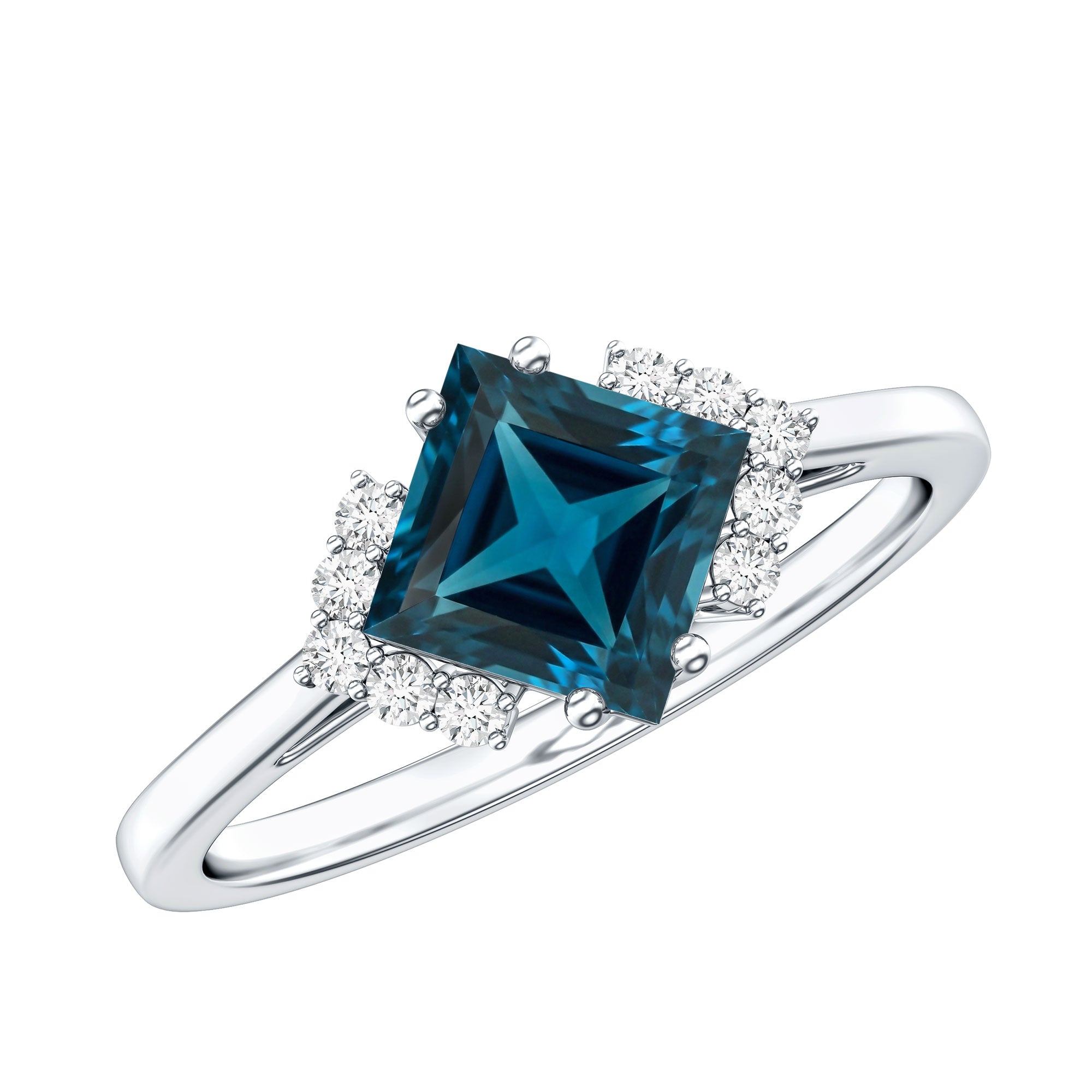 Princess Cut London Blue Topaz Engagement Ring with Diamond AAA - Rosec Jewels