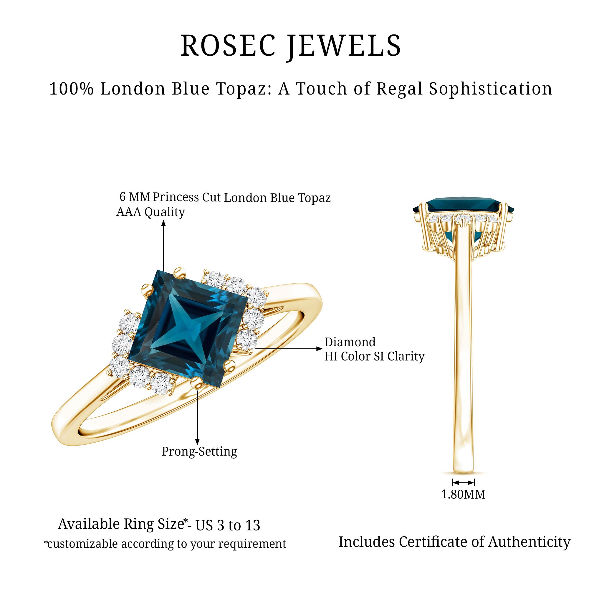 Princess Cut London Blue Topaz Engagement Ring with Diamond AAA - Rosec Jewels