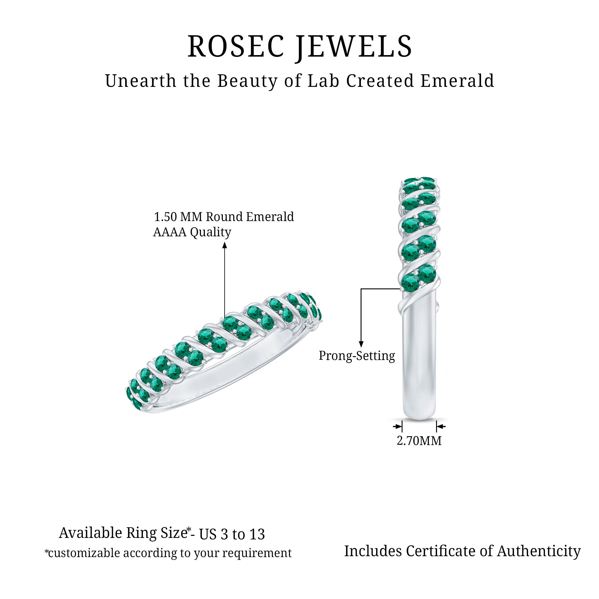 Certified Lab Grown Emerald Half Eternity Anniversary Band AAAA - Rosec Jewels
