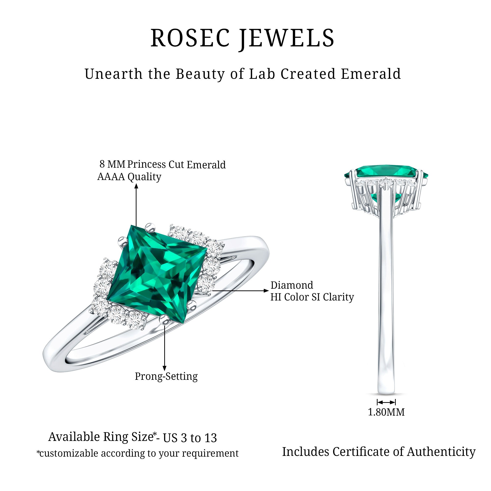 Certified 8 mm Lab Grown Emerald Princess Cut Engagement Ring with Diamond AAAA - Rosec Jewels