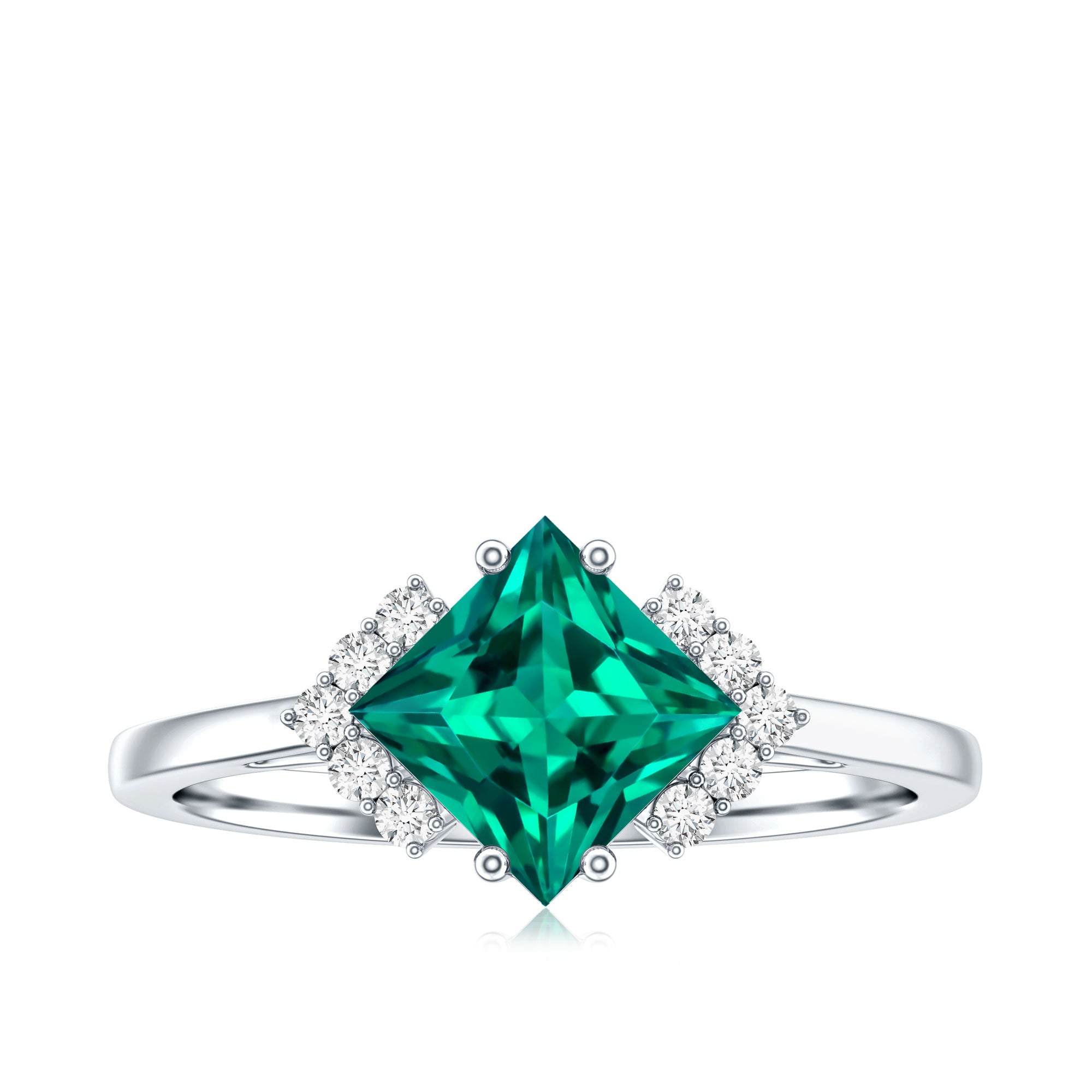 Certified 8 mm Lab Grown Emerald Princess Cut Engagement Ring with Diamond AAAA - Rosec Jewels