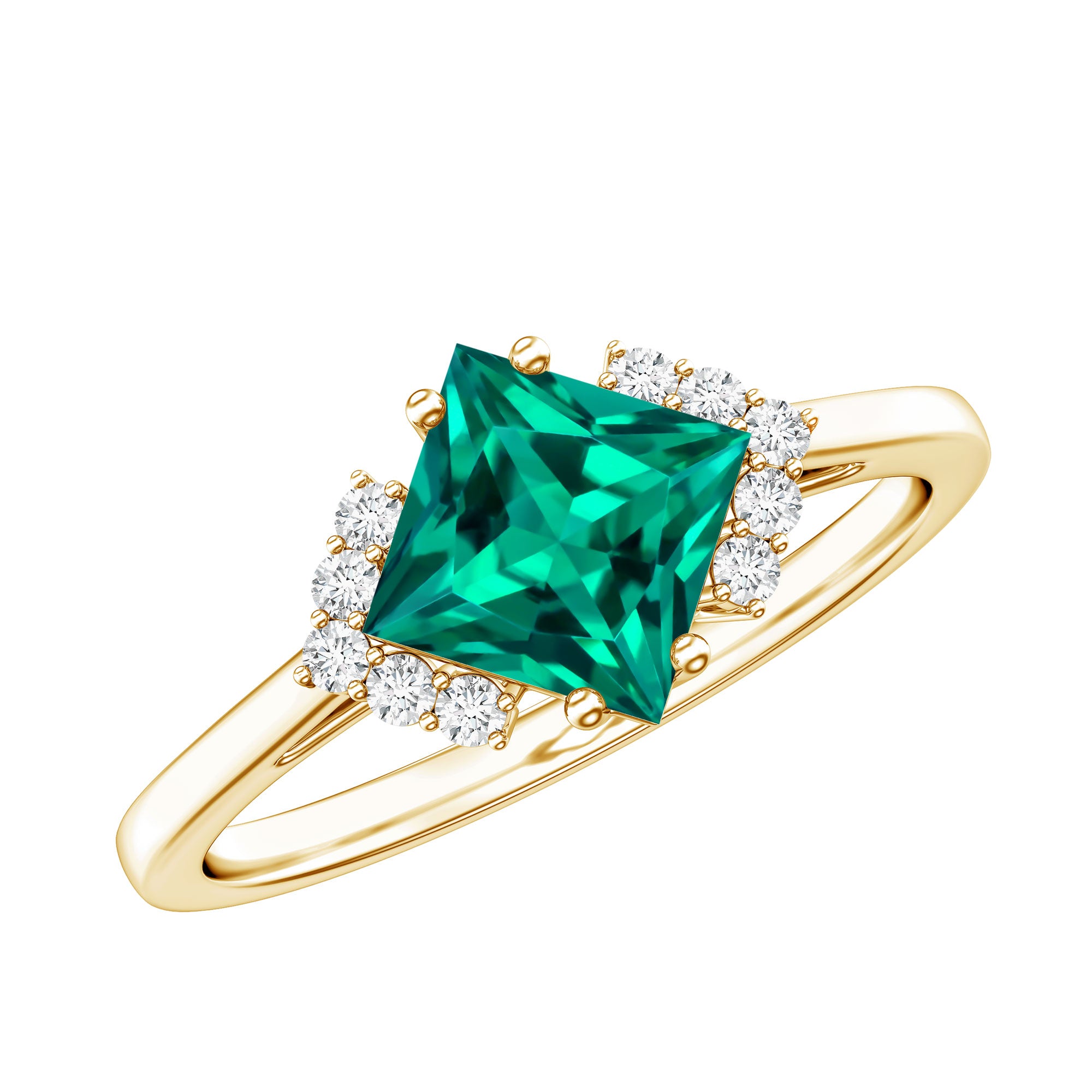 Certified 8 mm Lab Grown Emerald Princess Cut Engagement Ring with Diamond AAAA - Rosec Jewels