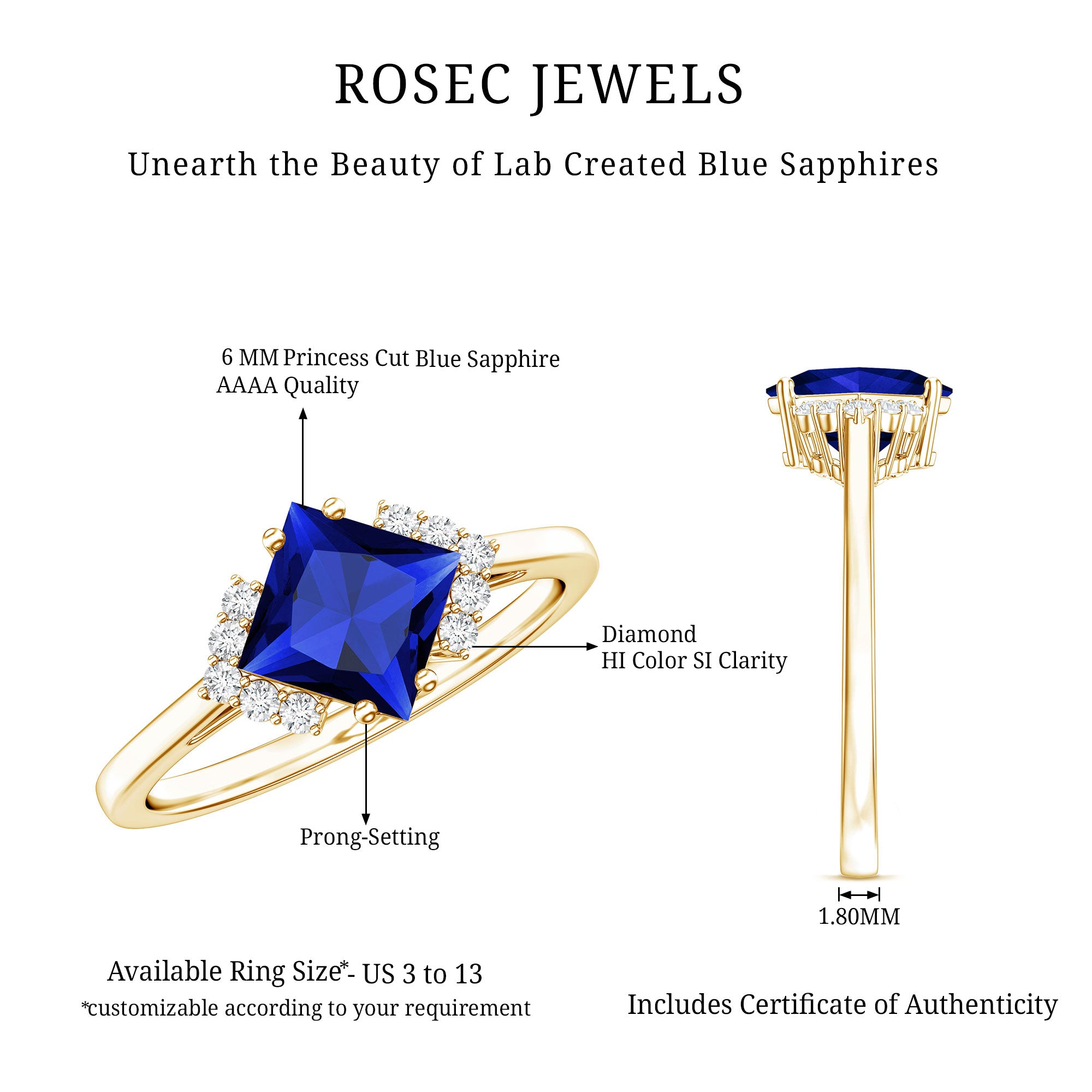Certified 1.5 Carat Princess Cut Lab Grown Blue Sapphire Engagement Ring with Diamond AAAA - Rosec Jewels