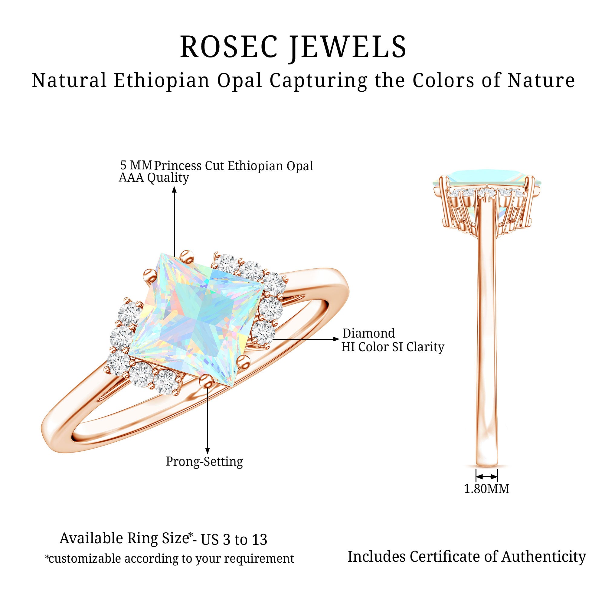 Natural Ethiopian Opal Princess Cut Engagement Ring with Diamond AAA - Rosec Jewels