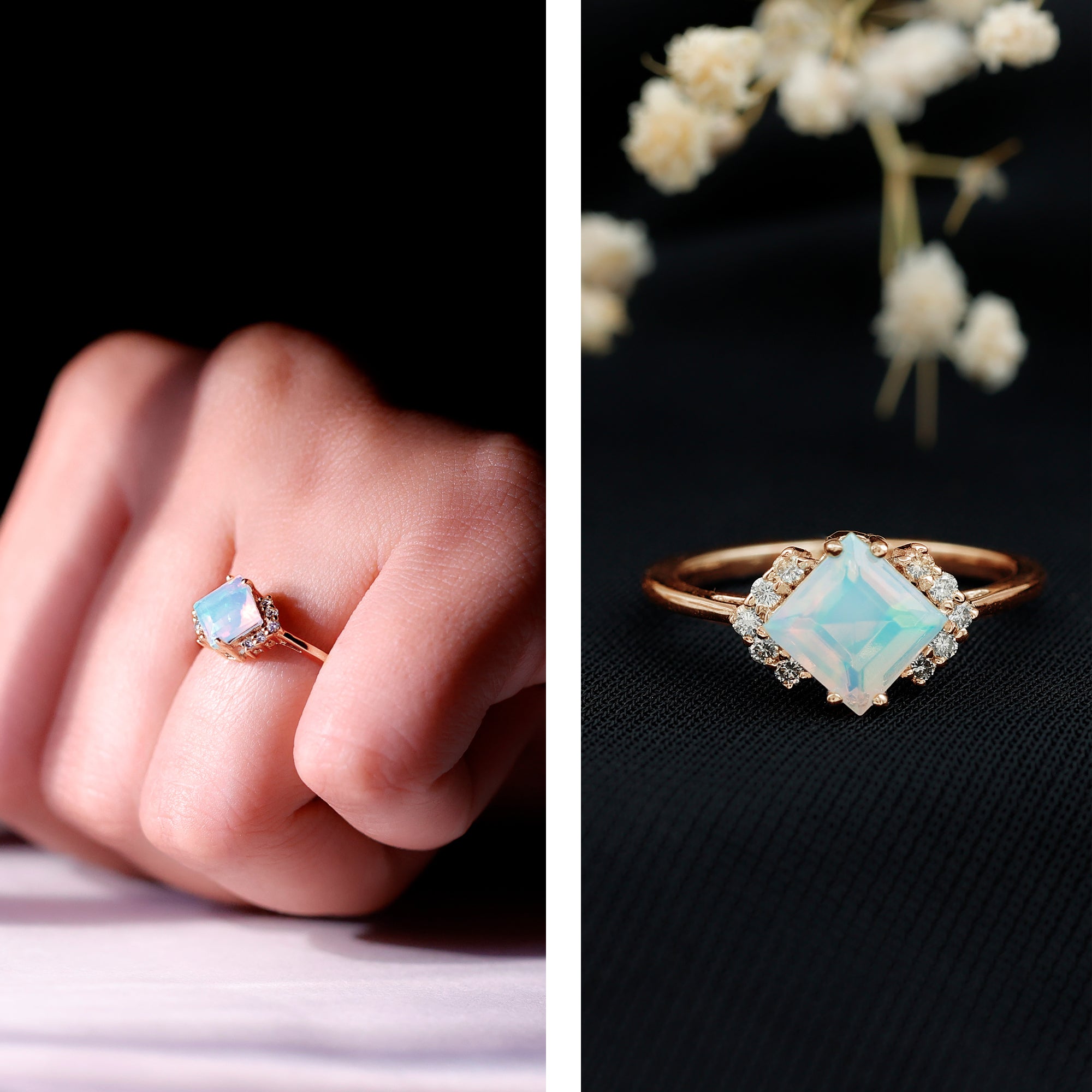 Natural Ethiopian Opal Princess Cut Engagement Ring with Diamond AAA - Rosec Jewels