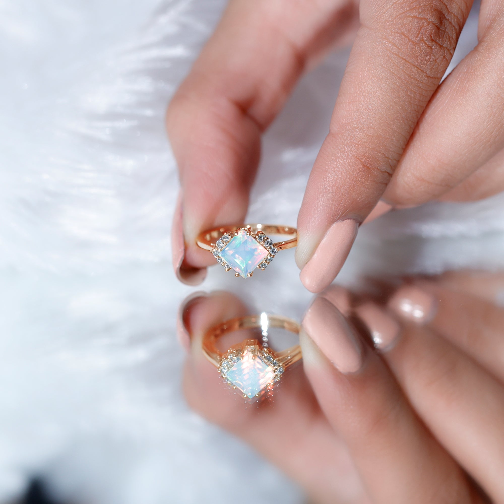 Natural Ethiopian Opal Princess Cut Engagement Ring with Diamond AAA - Rosec Jewels