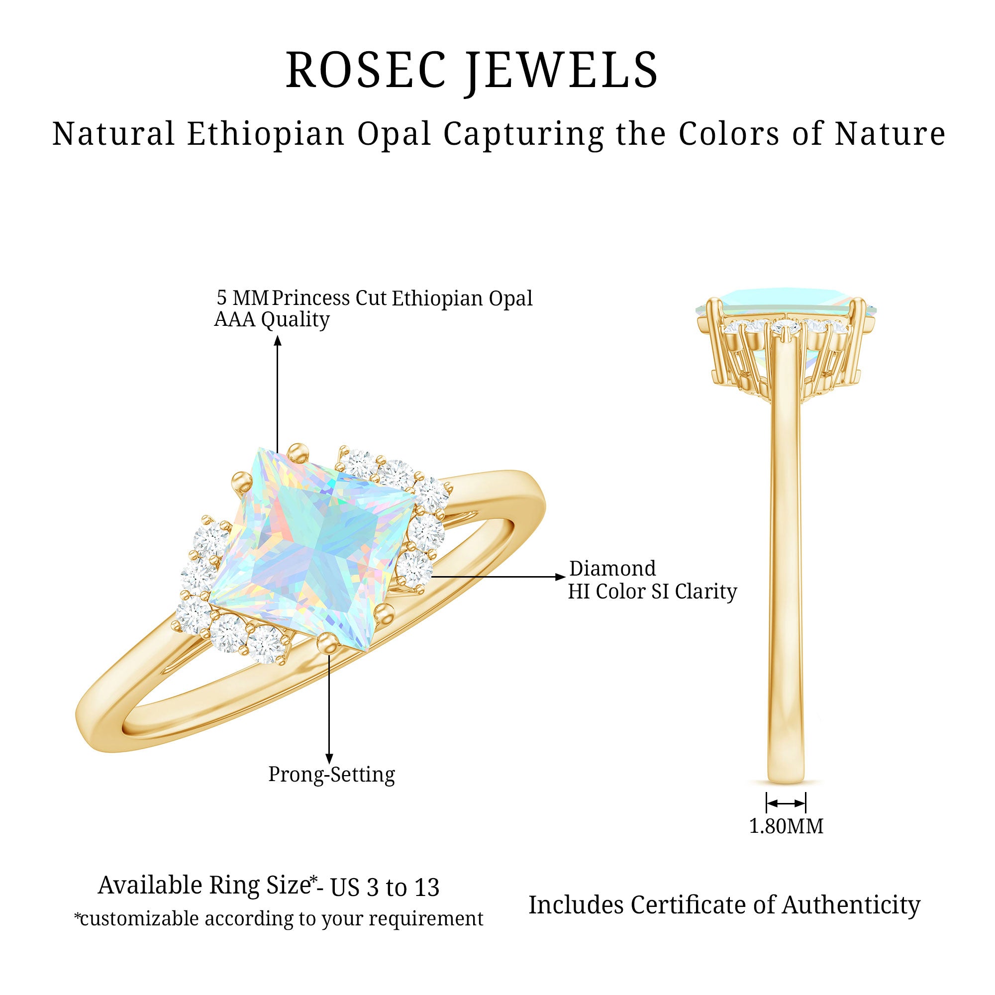 Natural Ethiopian Opal Princess Cut Engagement Ring with Diamond AAA - Rosec Jewels