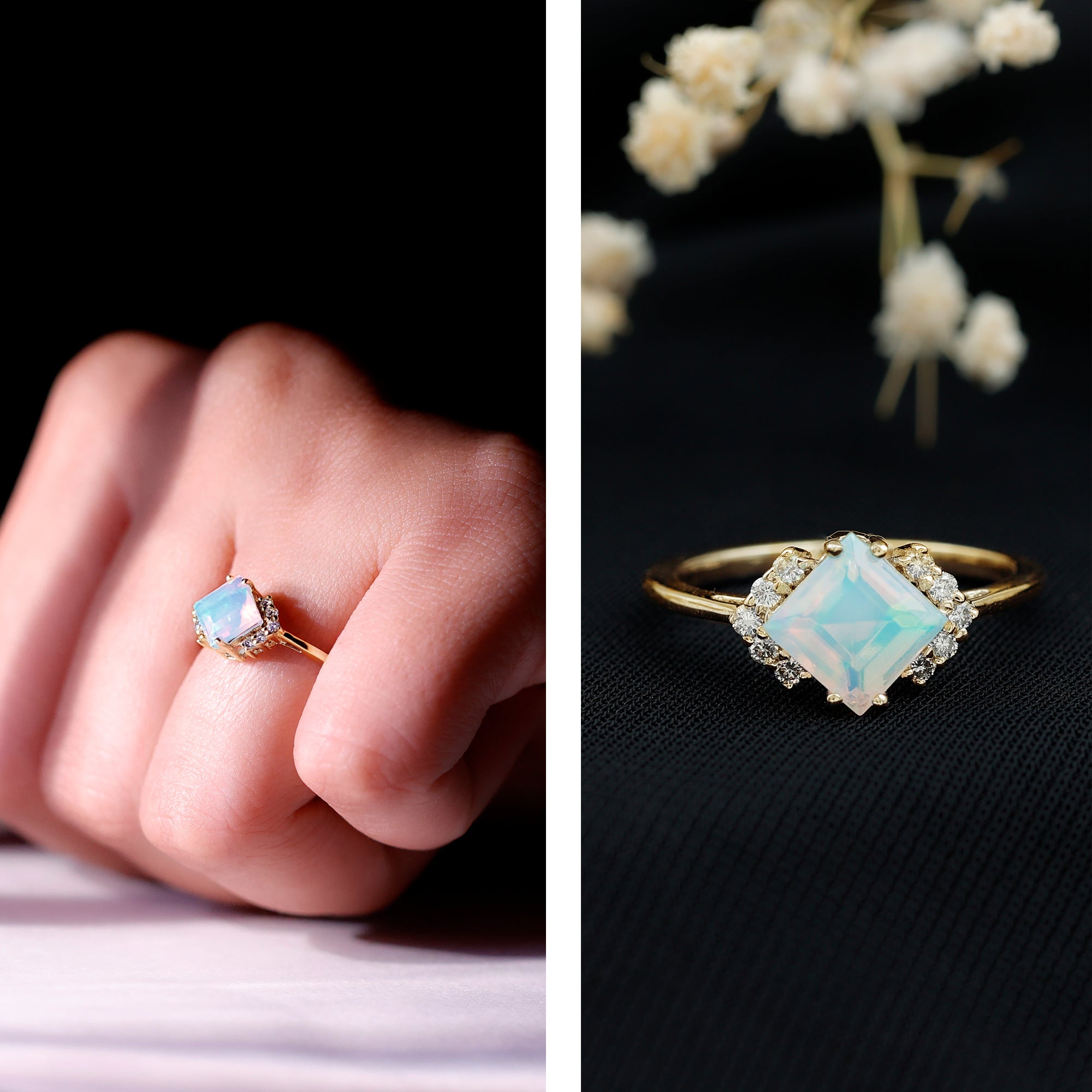 Natural Ethiopian Opal Princess Cut Engagement Ring with Diamond AAA - Rosec Jewels