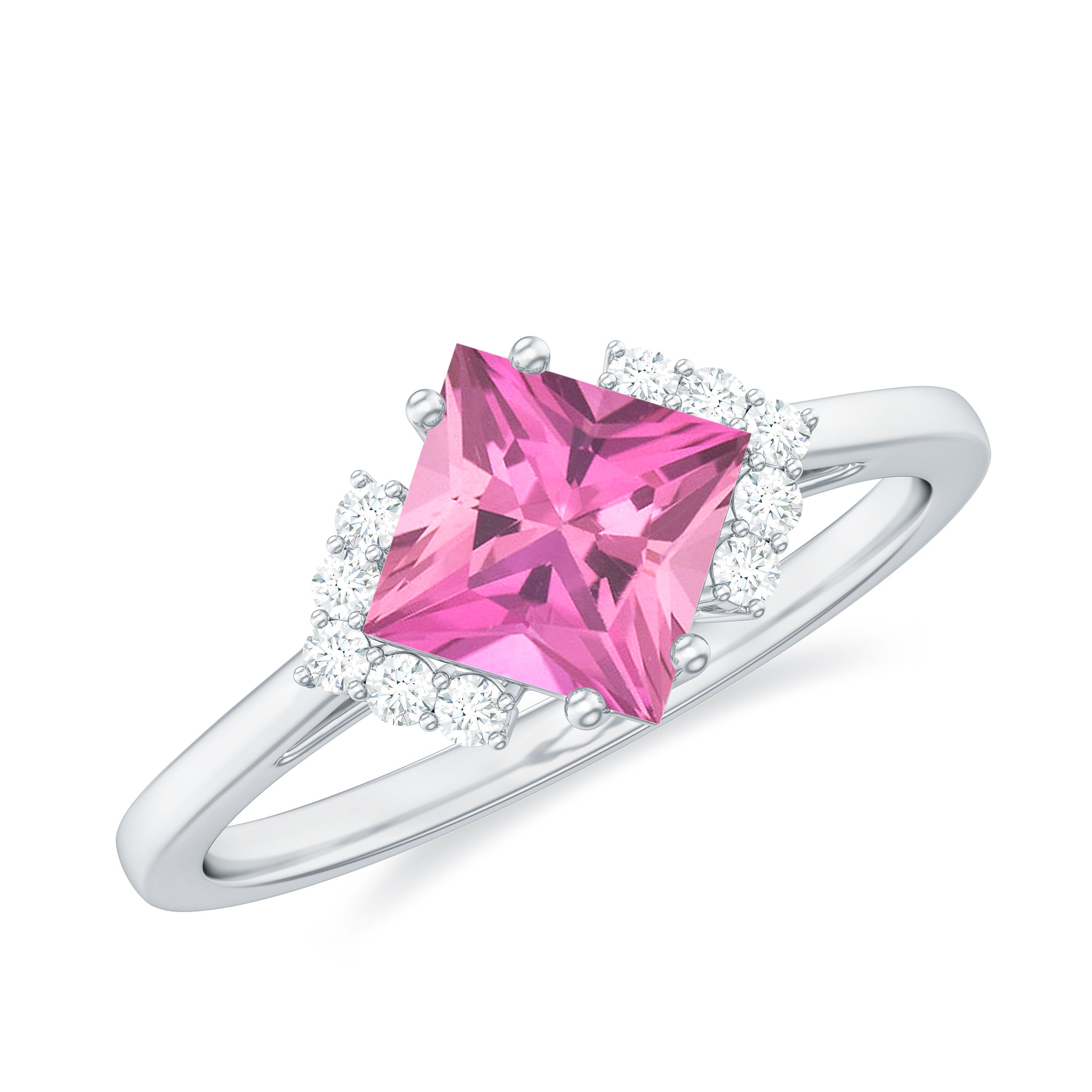 Princess Cut Pink Tourmaline Engagement Ring with Diamond Accent