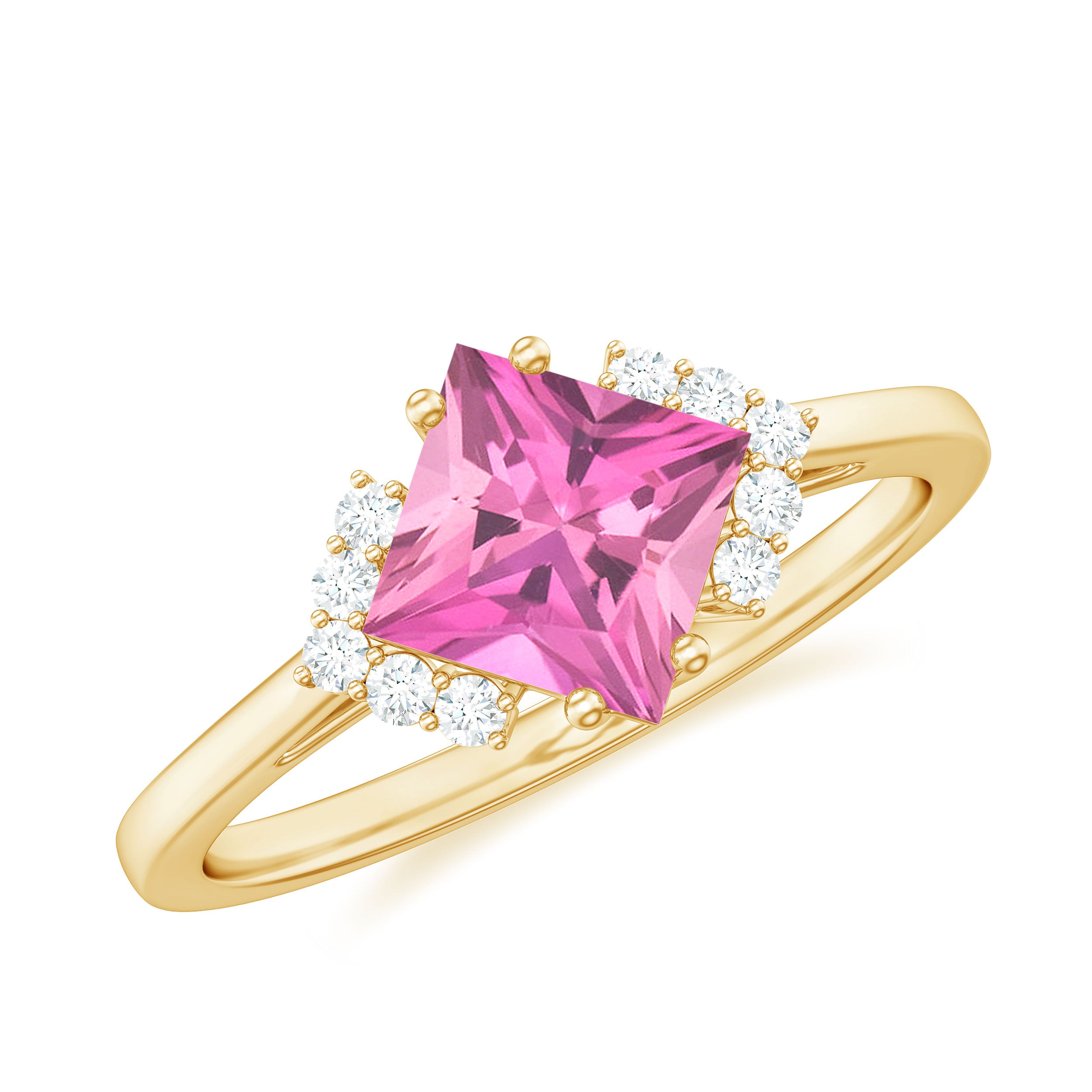 Princess Cut Pink Tourmaline Engagement Ring with Diamond Accent AAA - Rosec Jewels