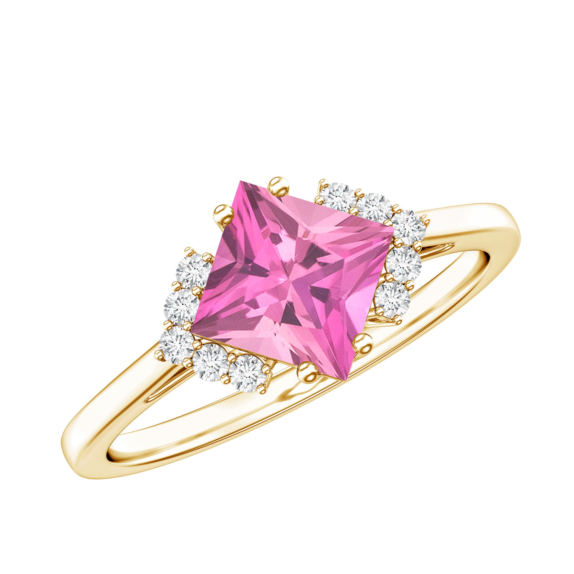 Princess Cut Pink Tourmaline Engagement Ring with Diamond Accent AAA - Rosec Jewels