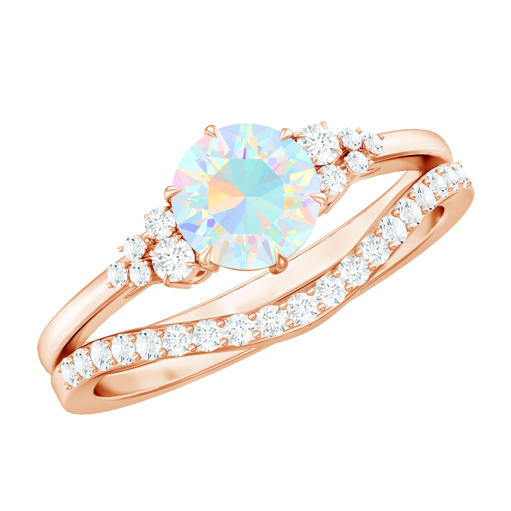 Natural Ethiopian Opal Diamond Wedding Bridal Ring Set of 2 AAA - Rosec Jewels