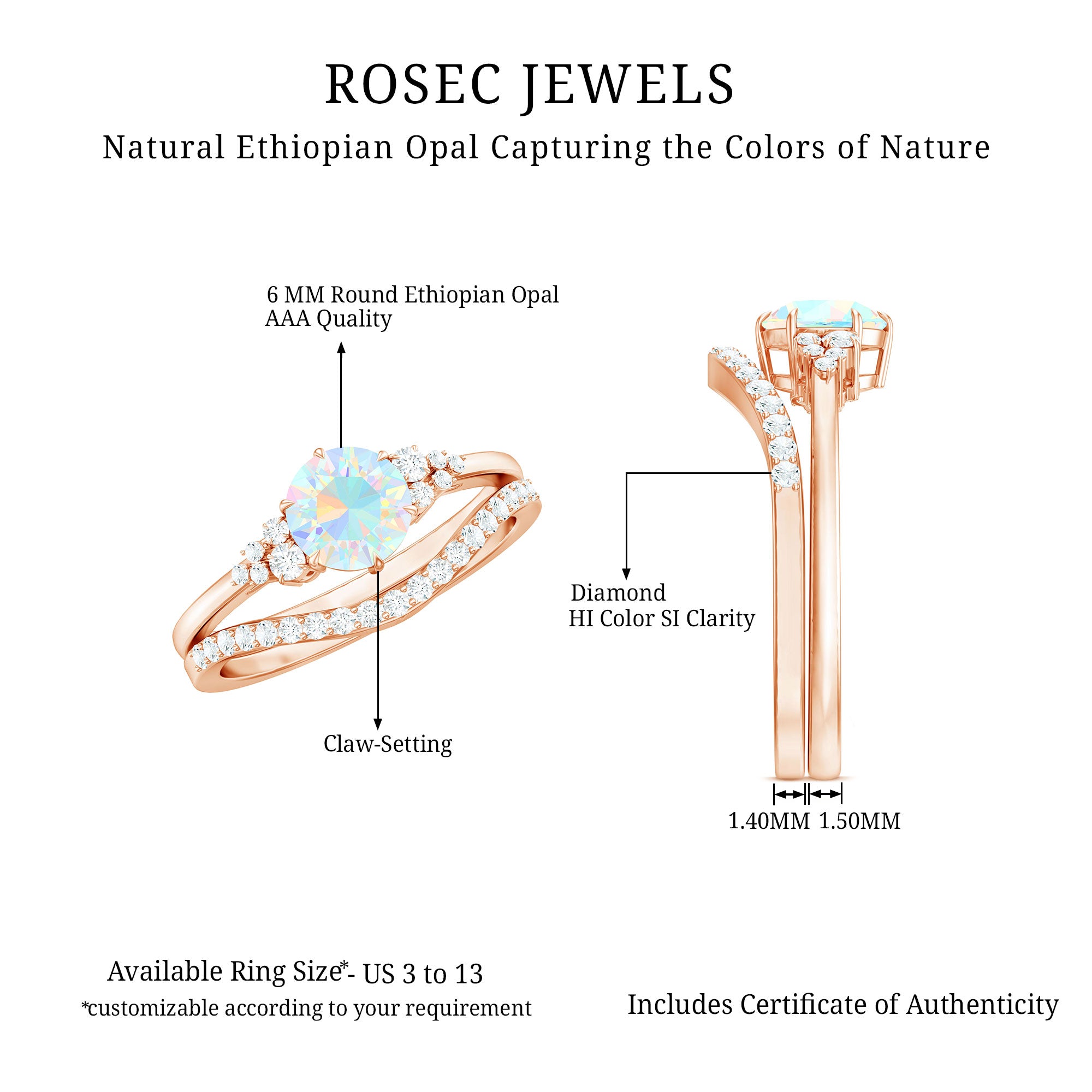 Natural Ethiopian Opal Diamond Wedding Bridal Ring Set of 2 AAA - Rosec Jewels