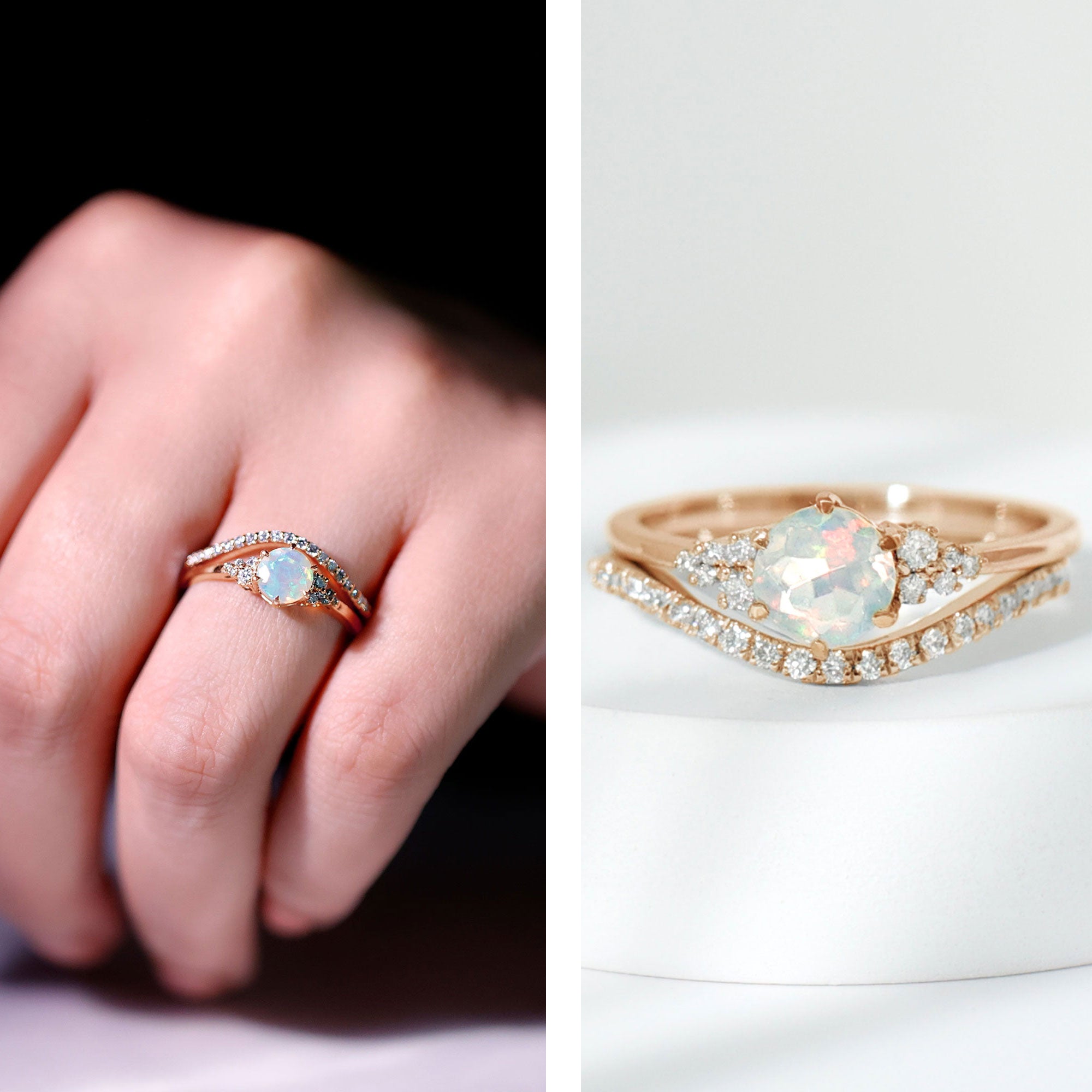 Natural Ethiopian Opal Diamond Wedding Bridal Ring Set of 2 AAA - Rosec Jewels