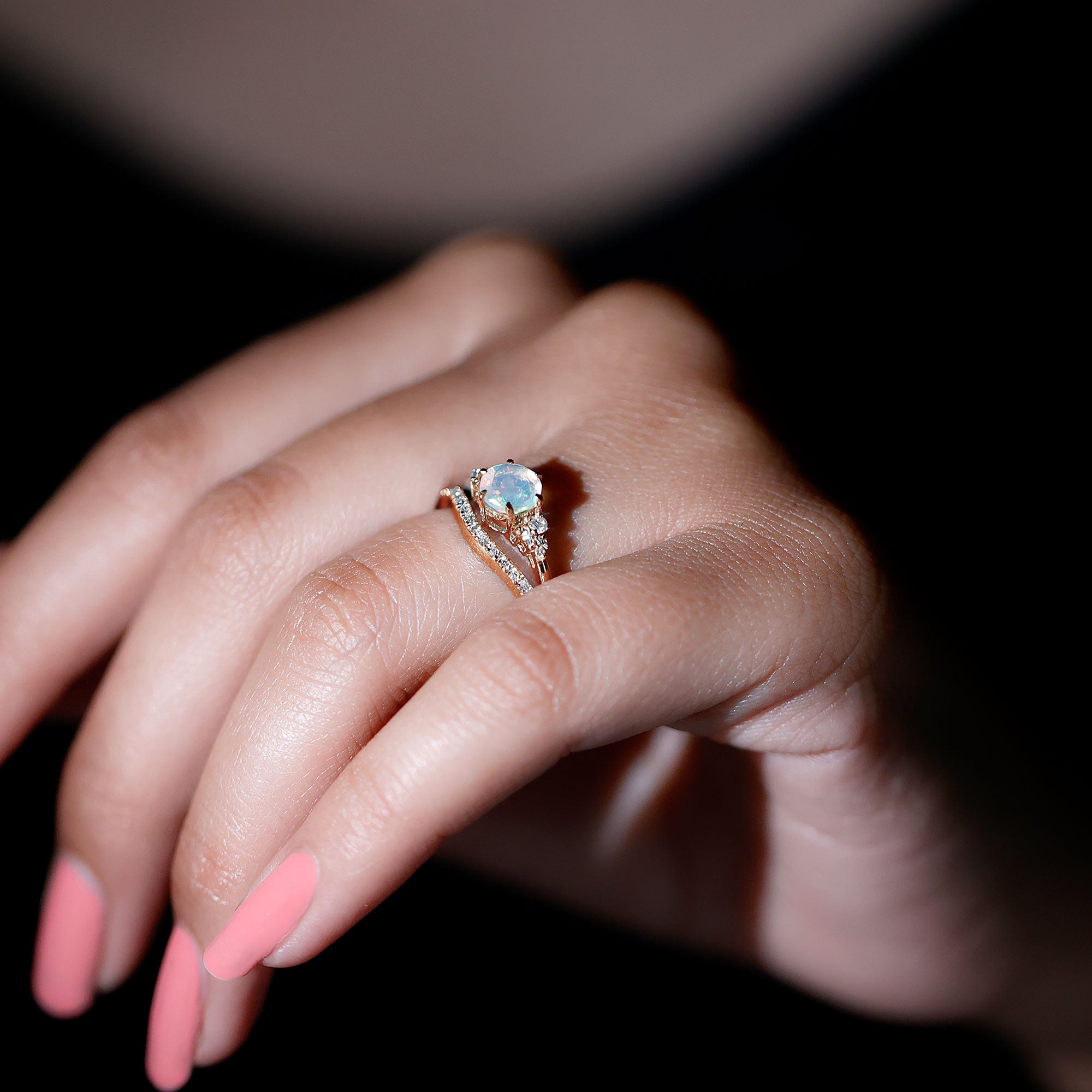 Natural Ethiopian Opal Diamond Wedding Bridal Ring Set of 2 AAA - Rosec Jewels