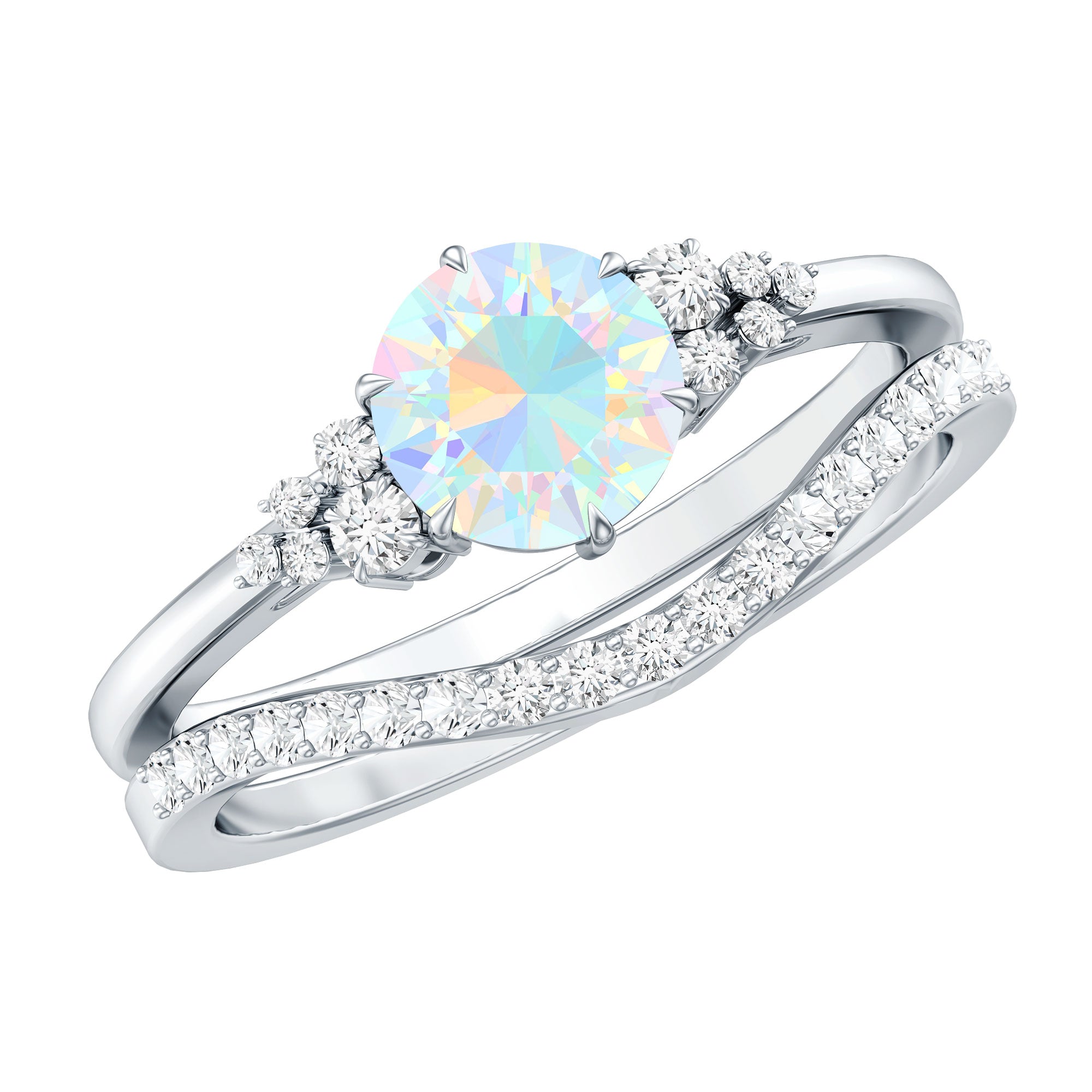 Natural Ethiopian Opal Diamond Wedding Bridal Ring Set of 2 AAA - Rosec Jewels