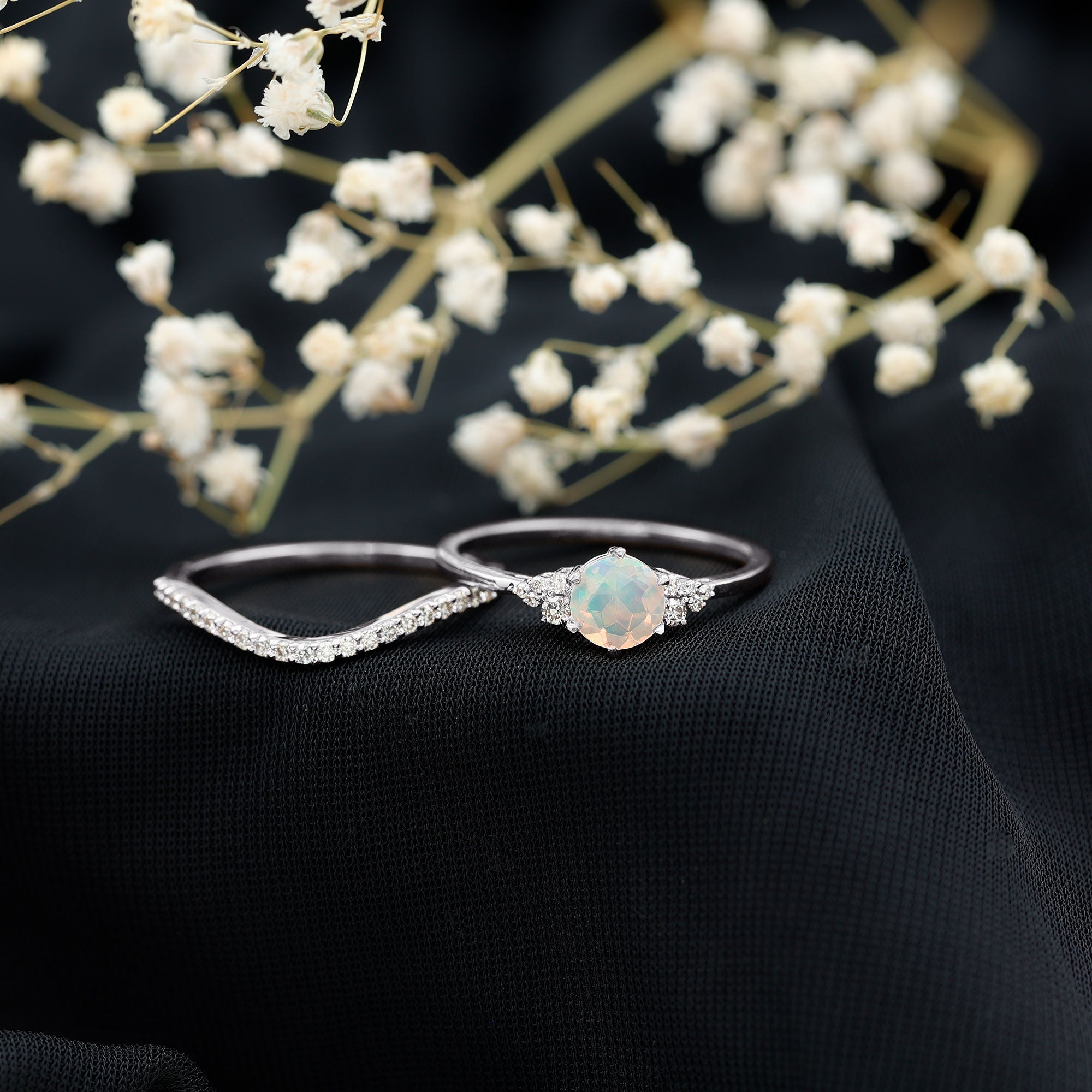 Natural Ethiopian Opal Diamond Wedding Bridal Ring Set of 2 AAA - Rosec Jewels