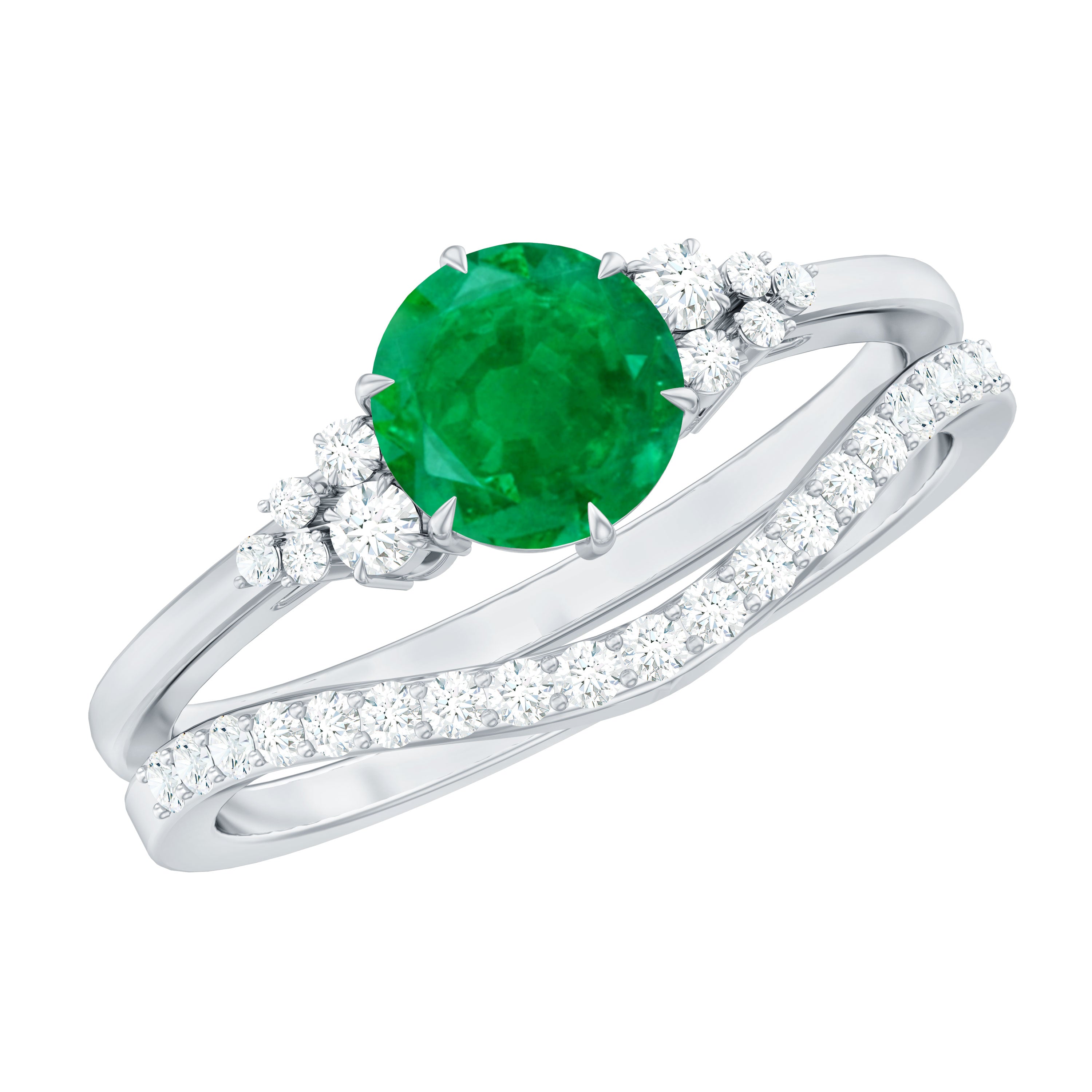 Natural Emerald Diamond Wedding Bridal Ring Set of 2