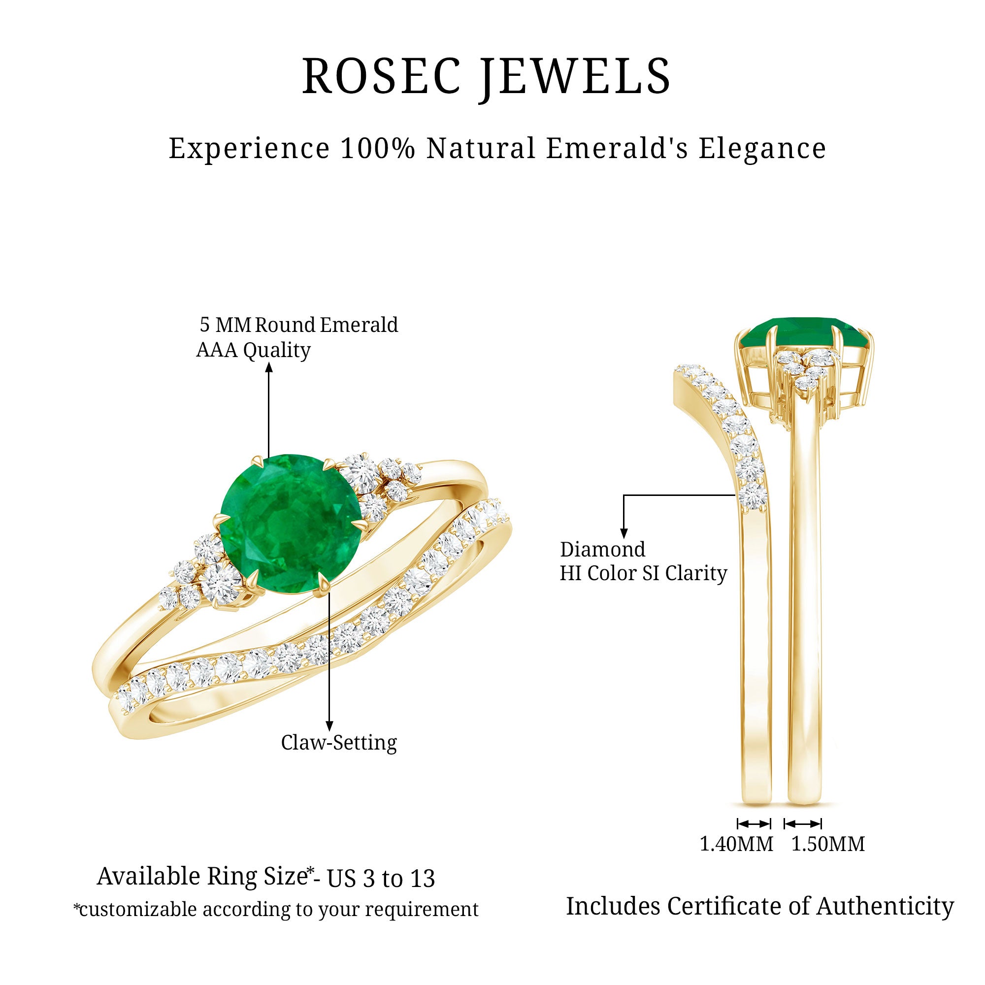 Natural Emerald Diamond Wedding Bridal Ring Set of 2 AAA - Rosec Jewels
